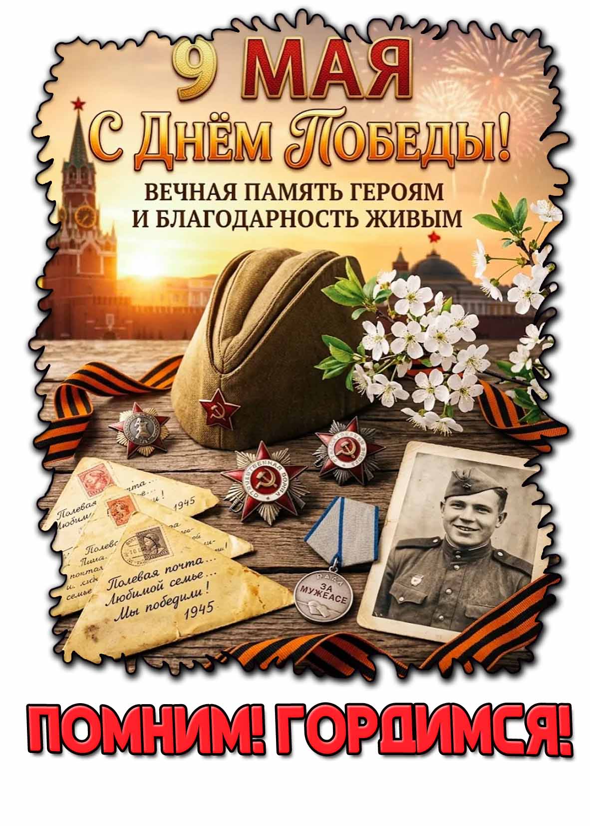 Открытка "9 мая - с днём Победы! Вечная память героям и благодарность живым! Помним! Гордимся!"