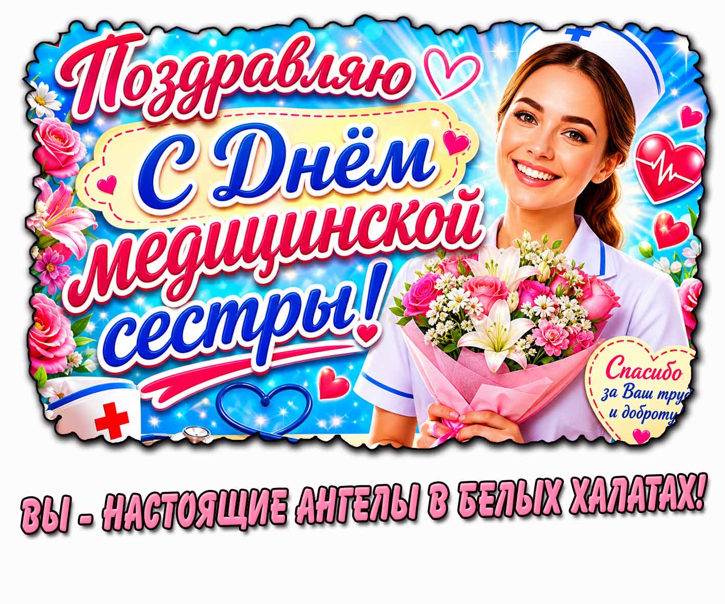 Открытка "Поздравляю с днём медицинской сестры! Вы - настоящие ангелы в белых халатах!"