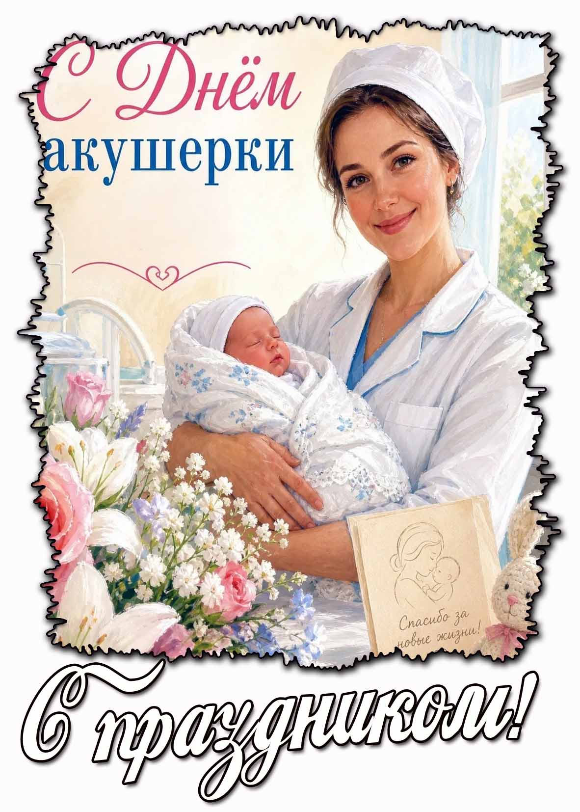 Открытка "С днём акушерки! Спасибо за новые жизни! С праздником!"