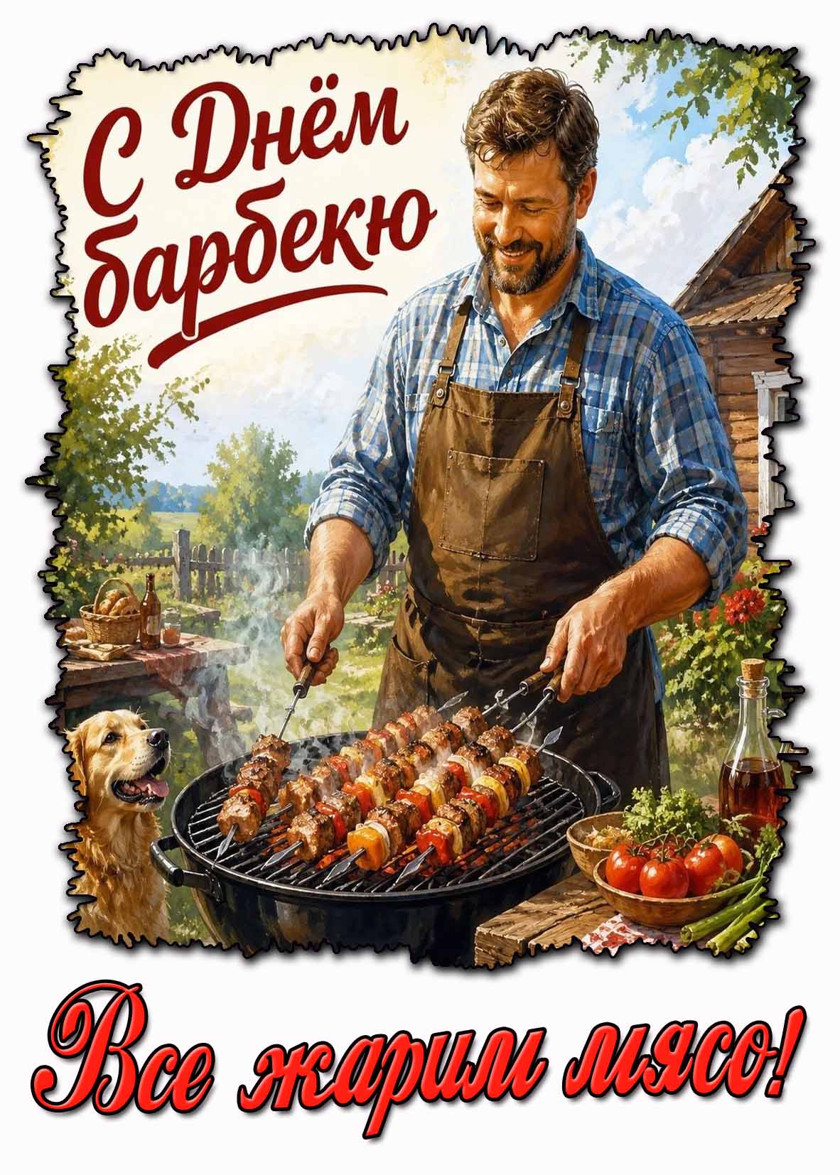 Открытка "С днём барбекю! Все жарим мясо!"