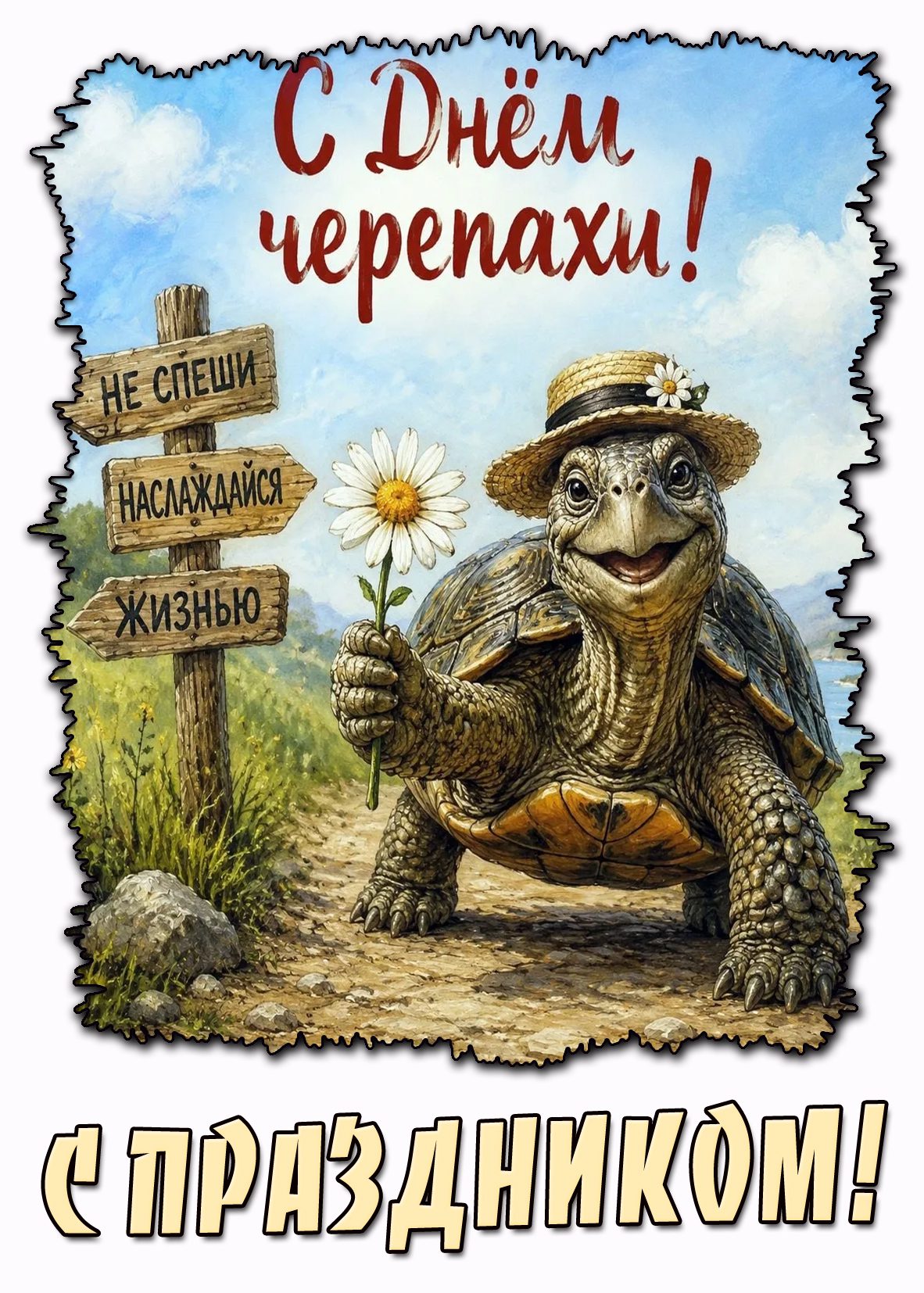 Открытка "С днём черепахи! Не спеши! Наслаждайся, жизнью! С праздником!"