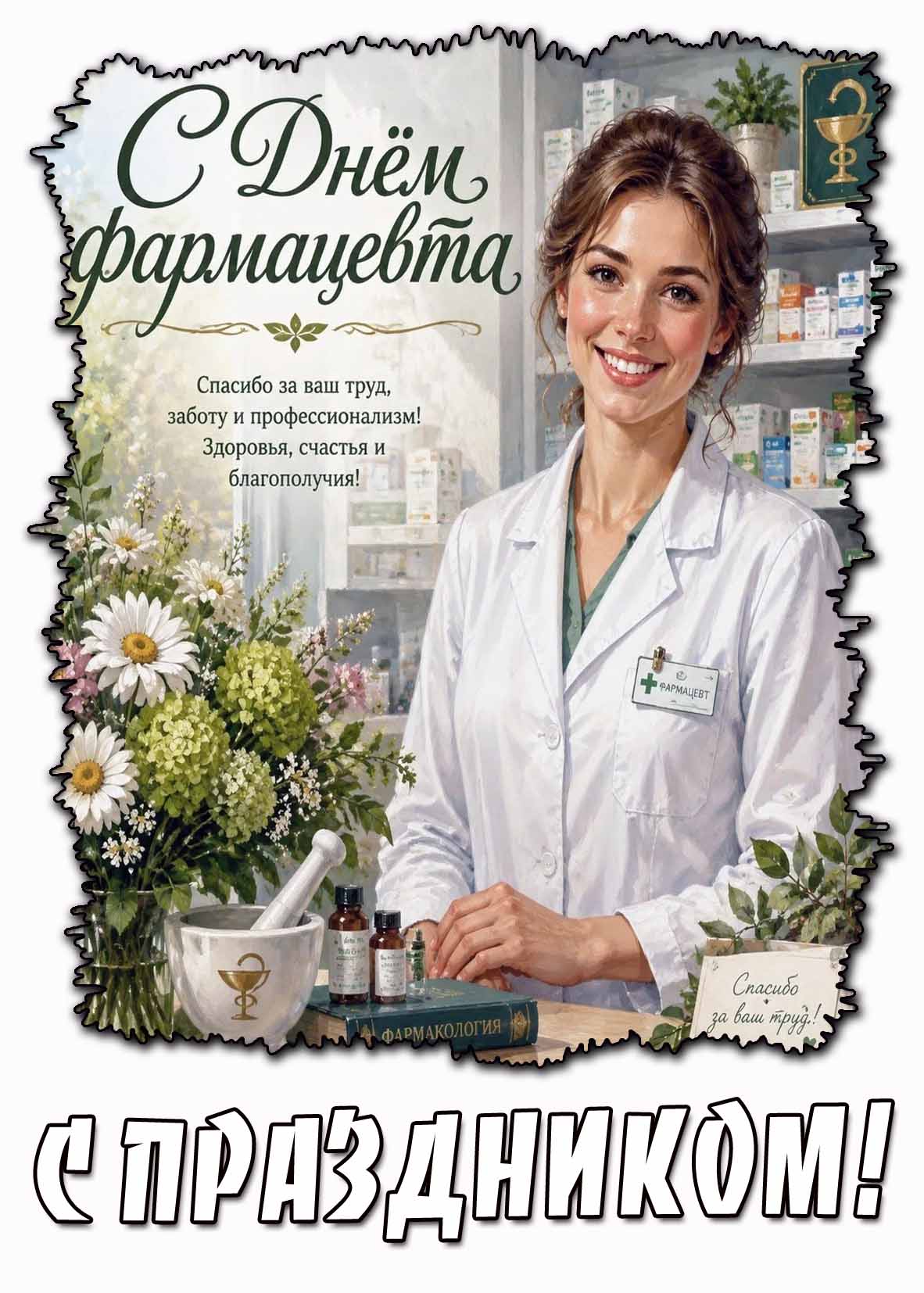Открытка "С днём фармацевта! Спасибо за ваш труд, заботу и профессионализм! Здоровья, счастья и благополучия! С праздником!"