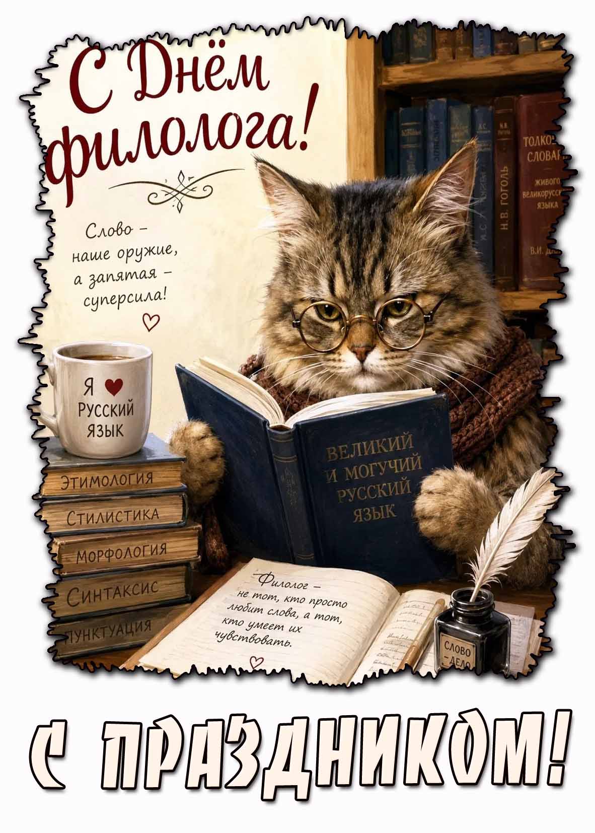 Открытка "С днём филолога! Слово - наше, оружие а запятая - суперсила! С праздником!"
