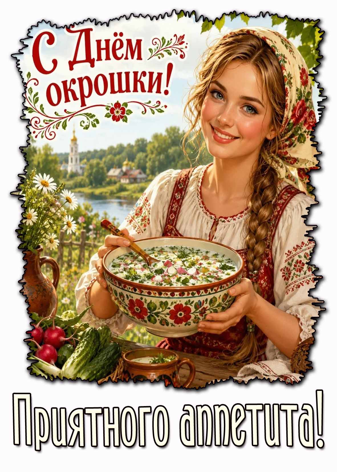Открытка "С днём окрошки! Приятного аппетита!"