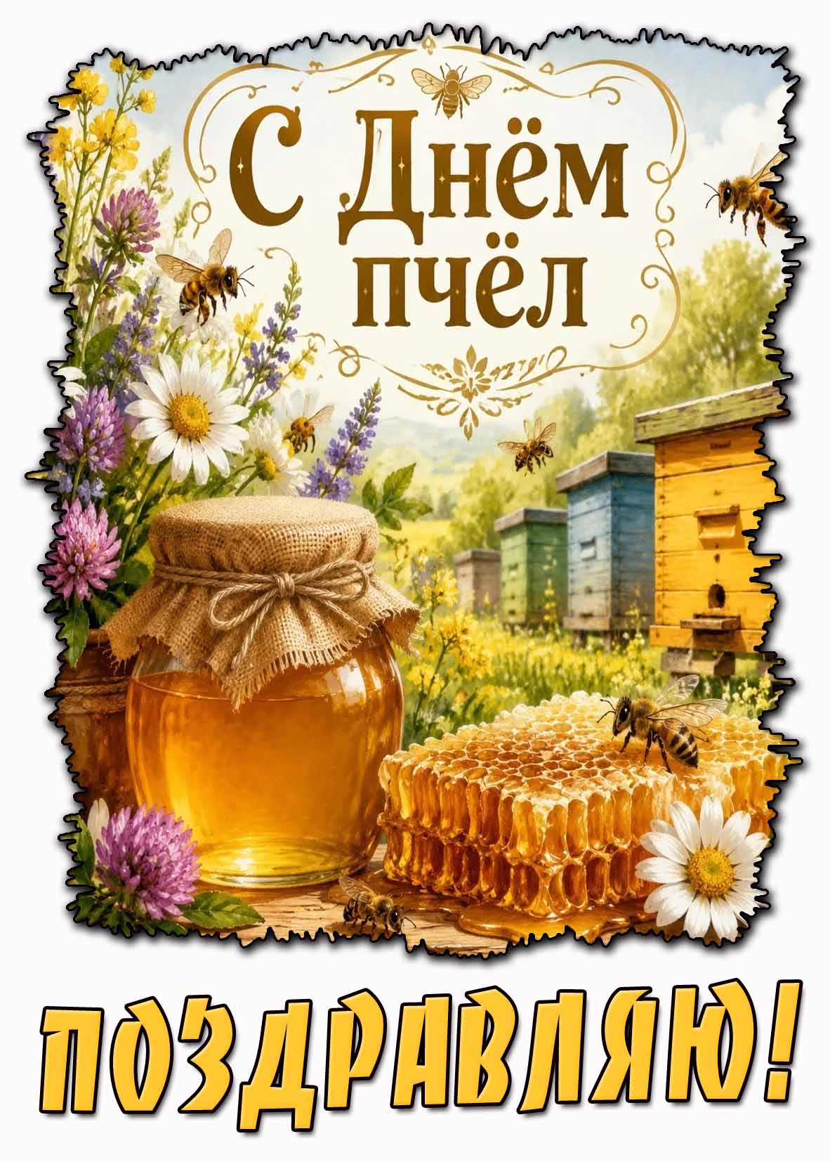 Открытка "С днём пчёл! Поздравляю!"