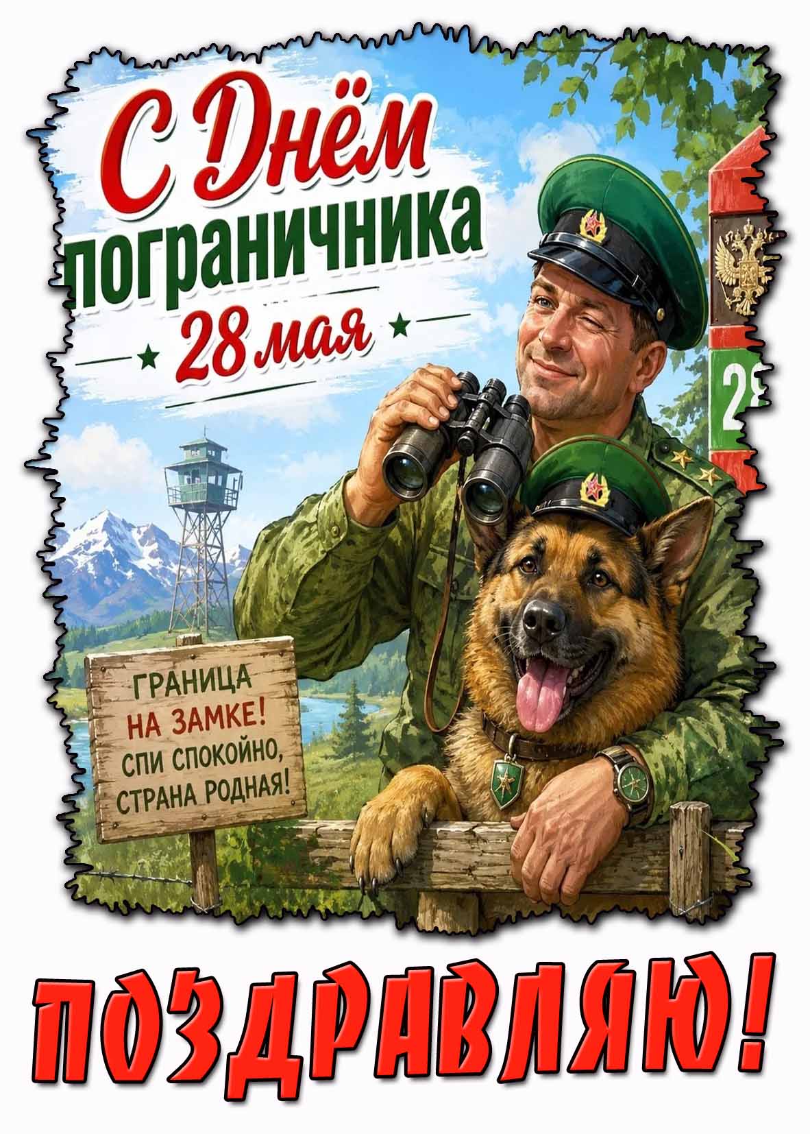 Открытка "С днём пограничника! Граница на замке! Спи спокойно, страна родная! Поздравляю!"