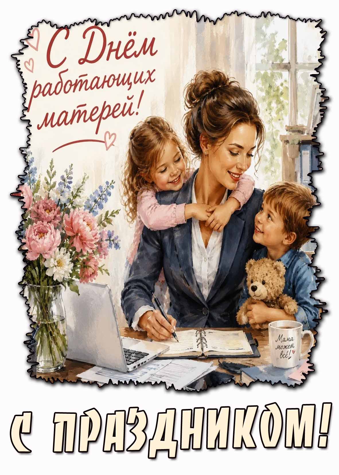 Открытка "С днём работающих матерей! С праздником! Мама может всё!"
