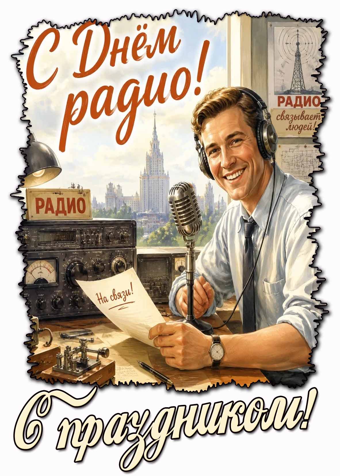 Открытка "С днём радио! С праздником! На связи!"