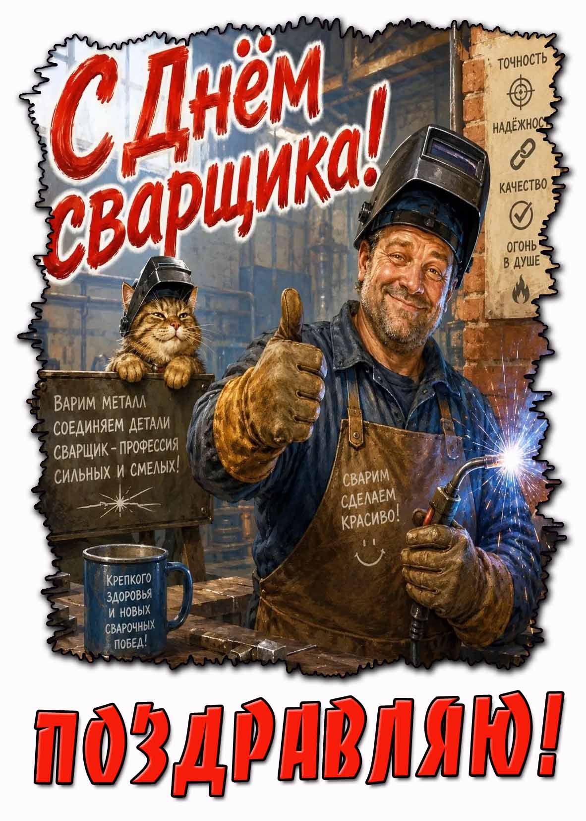 Открытка "С днём сварщика! Сварщик - профессия сильных и смелых! Поздравляю!"