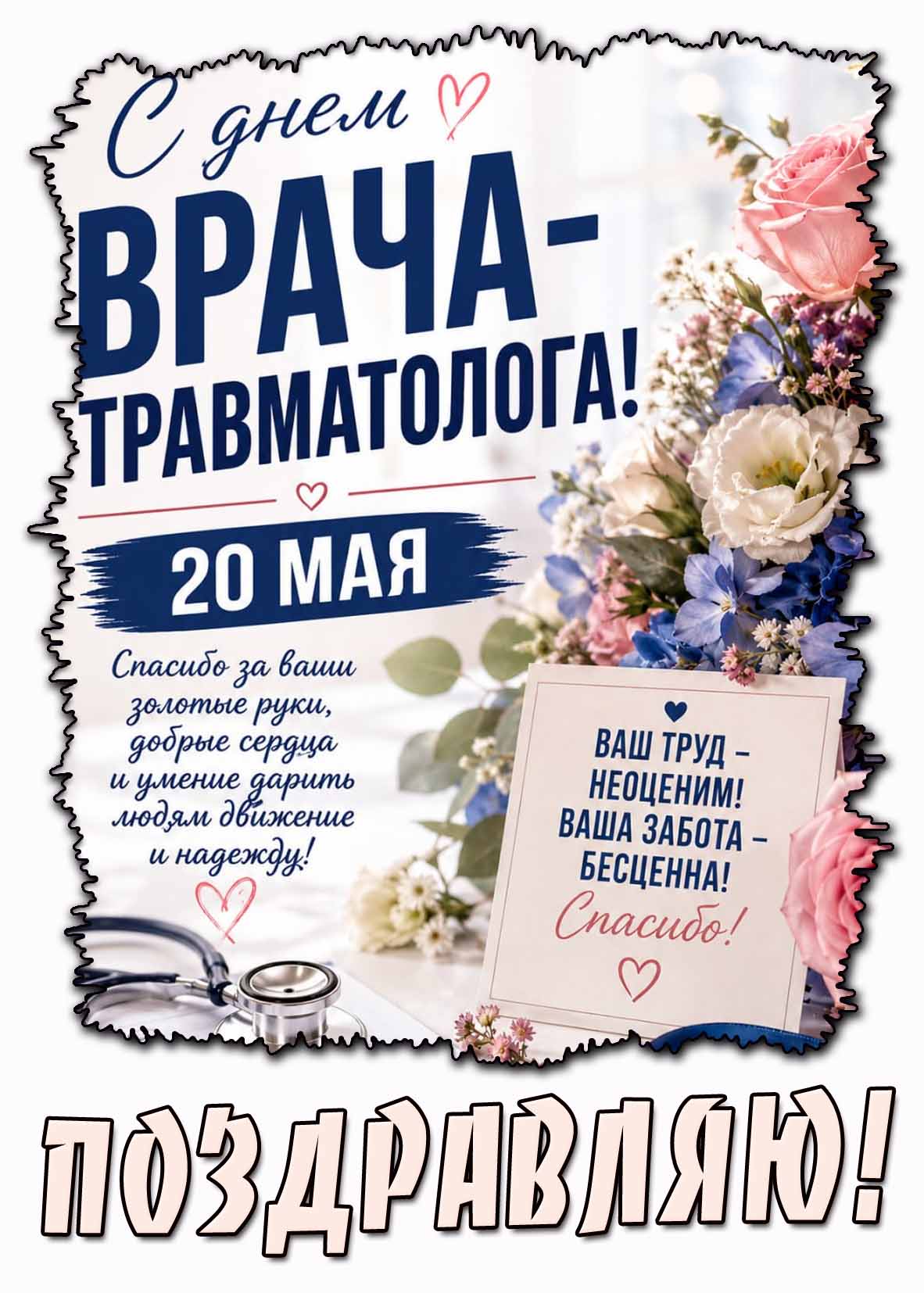 Открытка "С днём врача-травматолога! Ваш труд - неоценим! Ваша забота бесценна! Спасибо! Поздравляю!" - 20 мая