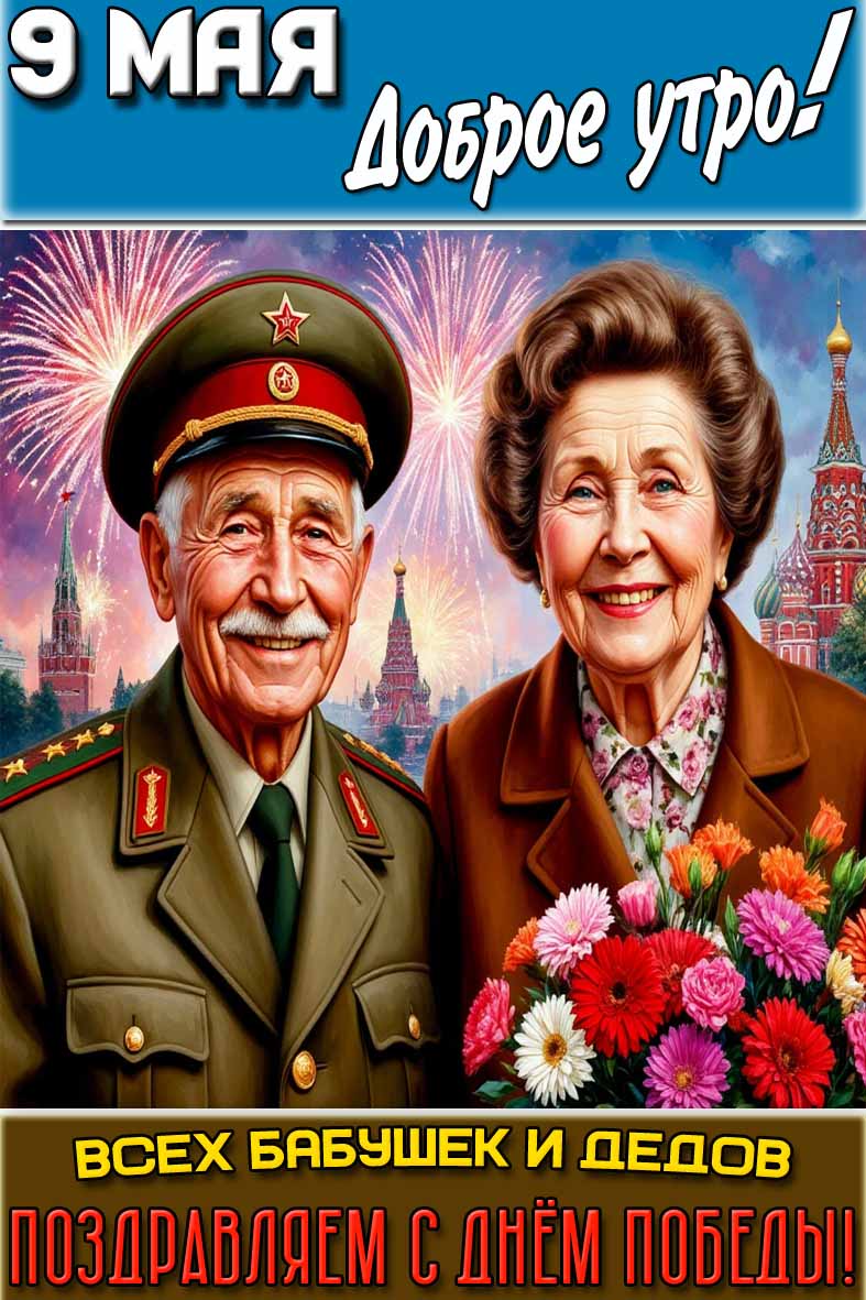 Открытка "9 мая доброе утро! Всех бабушек и дедов поздравляем с днём Победы!"
