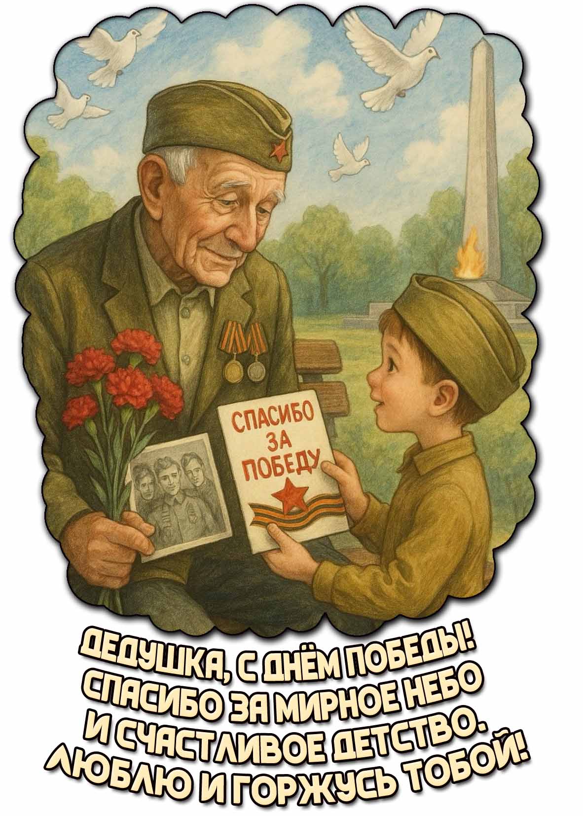 Трогательная картинка "Дедушка, с днём победы! Спасибо за мирное небо и счастливое детство! Люблю и горжусь тобой!"