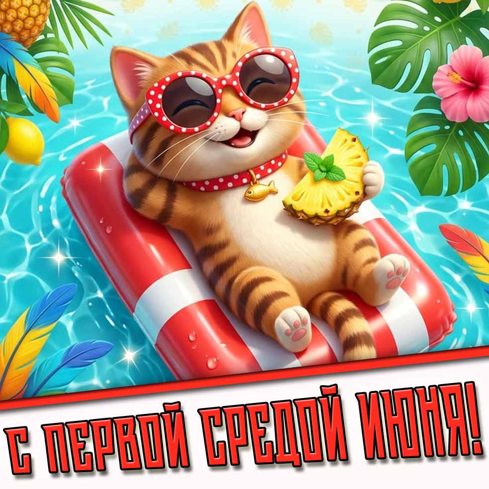 С первой средой июня! - прикольная открытка с котиком
