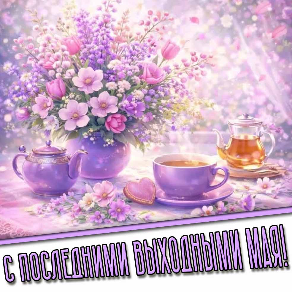 С последними выходными мая! - картинка с цветами и чаем