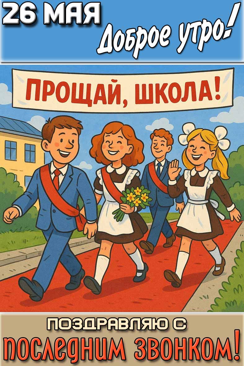 Открытка "26 мая доброе утро! Поздравляю с последним звонком!"