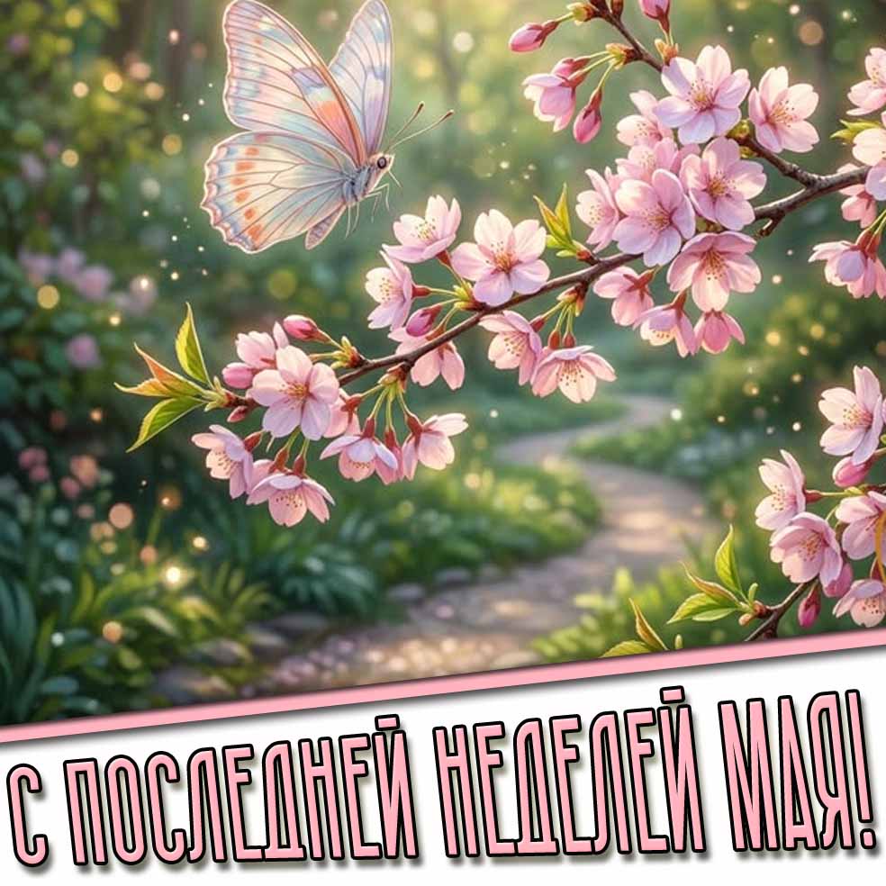 С последней неделей мая! - открытка с бабочкой на цветах
