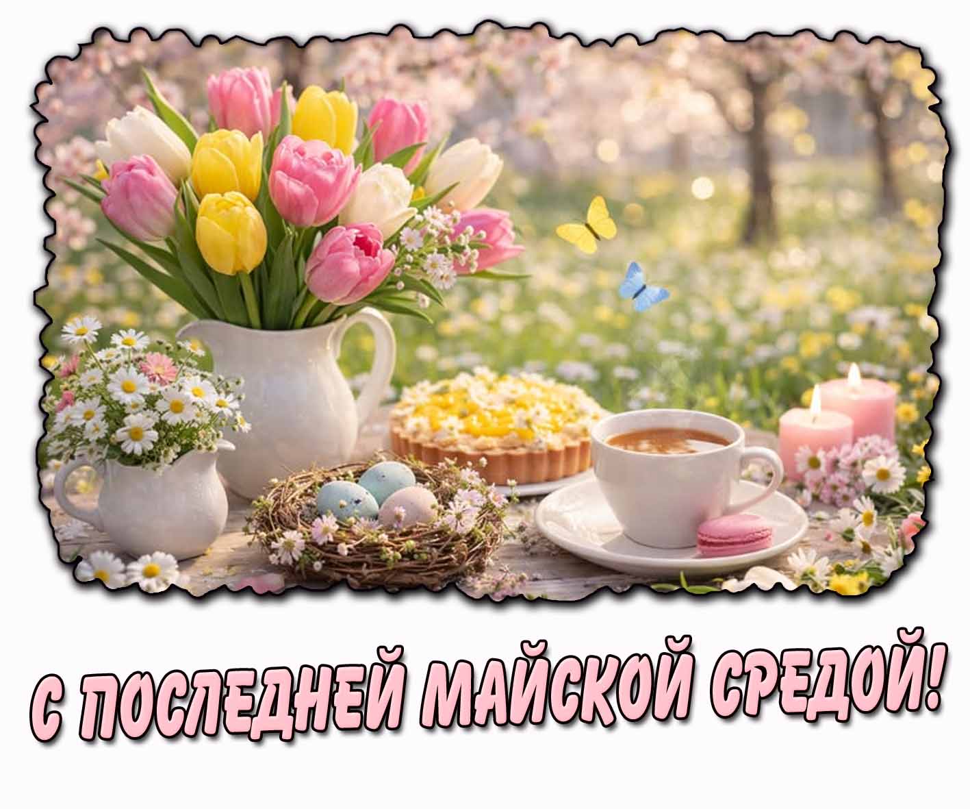 С последней майской средой! - открытка с тюльпанами и кофе