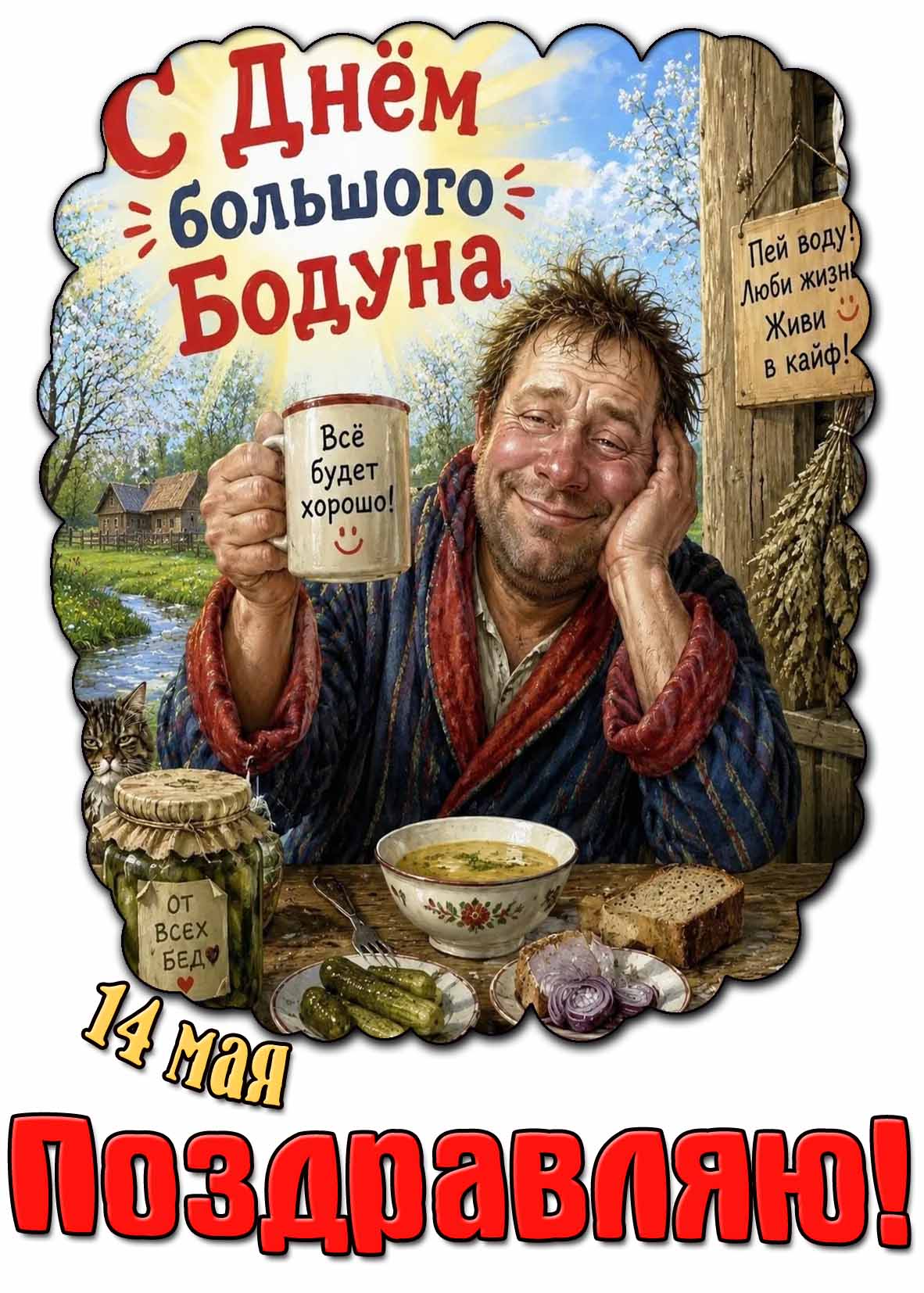Прикольная картинка "14 мая - с днём большого бодуна! Пей воду! Живи в кайф! Всё будет хорошо! Поздравляю!"