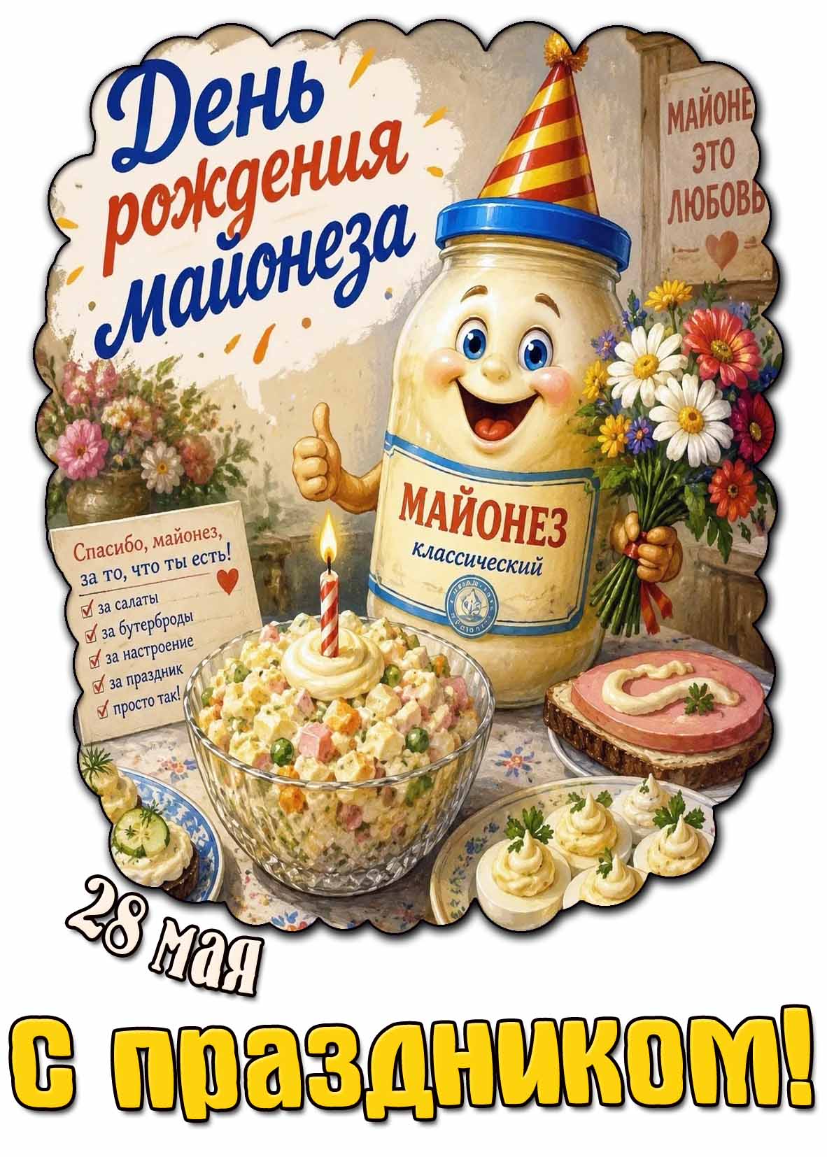 Прикольная картинка "28 мая - день рождения майонеза! Спасибо, майонез, за то, что ты есть! С праздником!"