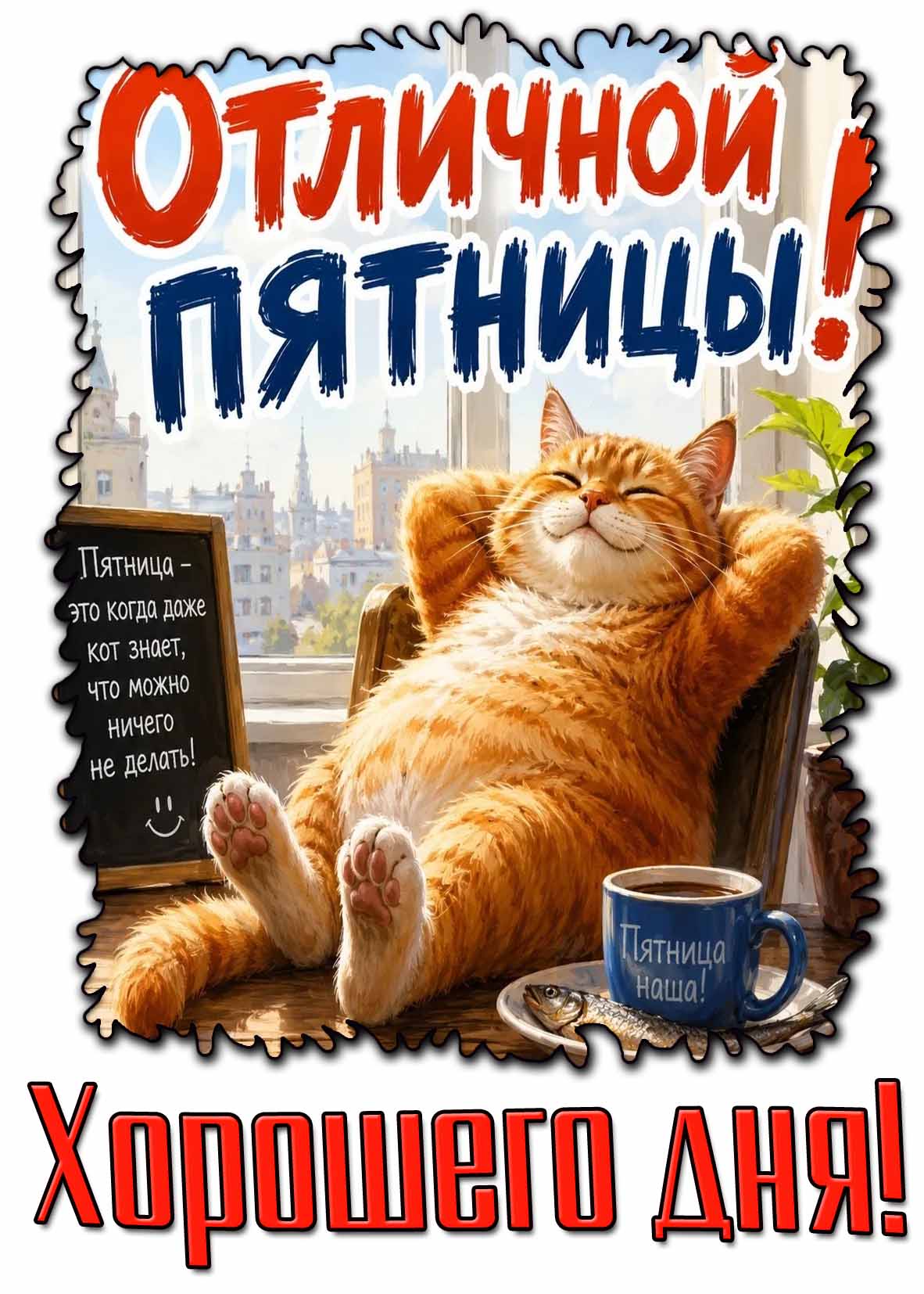 Прикольная картинка "Отличной пятницы! Хорошего дня! Пятница - это когда даже кот знает, что можно ничего не делать!"