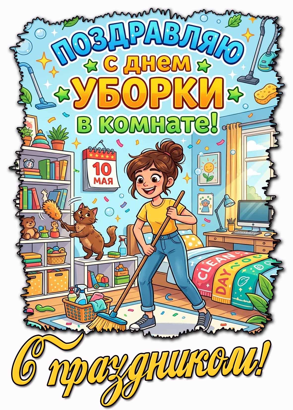 Прикольная картинка "Поздравляю с днём уборки в комнате! С праздником!" - 10 мая