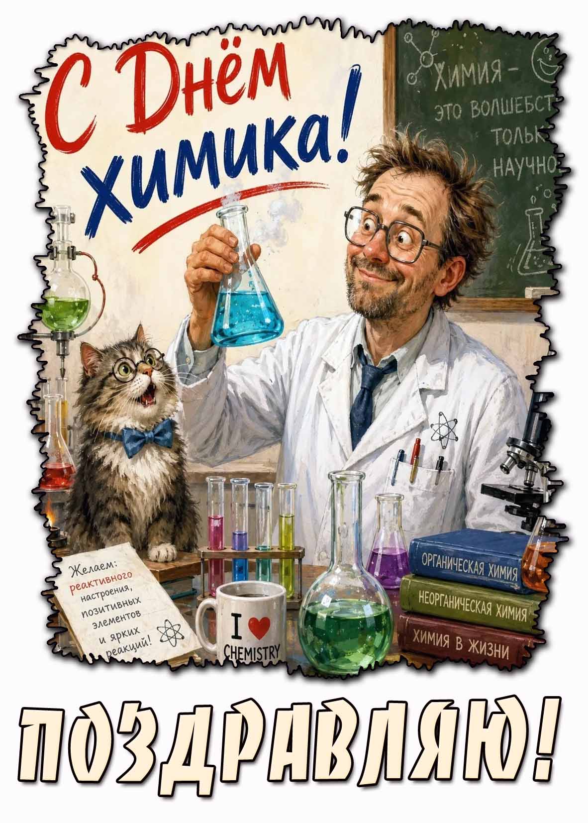Прикольная картинка "С днём химика! Реактивного настроения, позитивных элементов и ярких реакций! Поздравляю!"