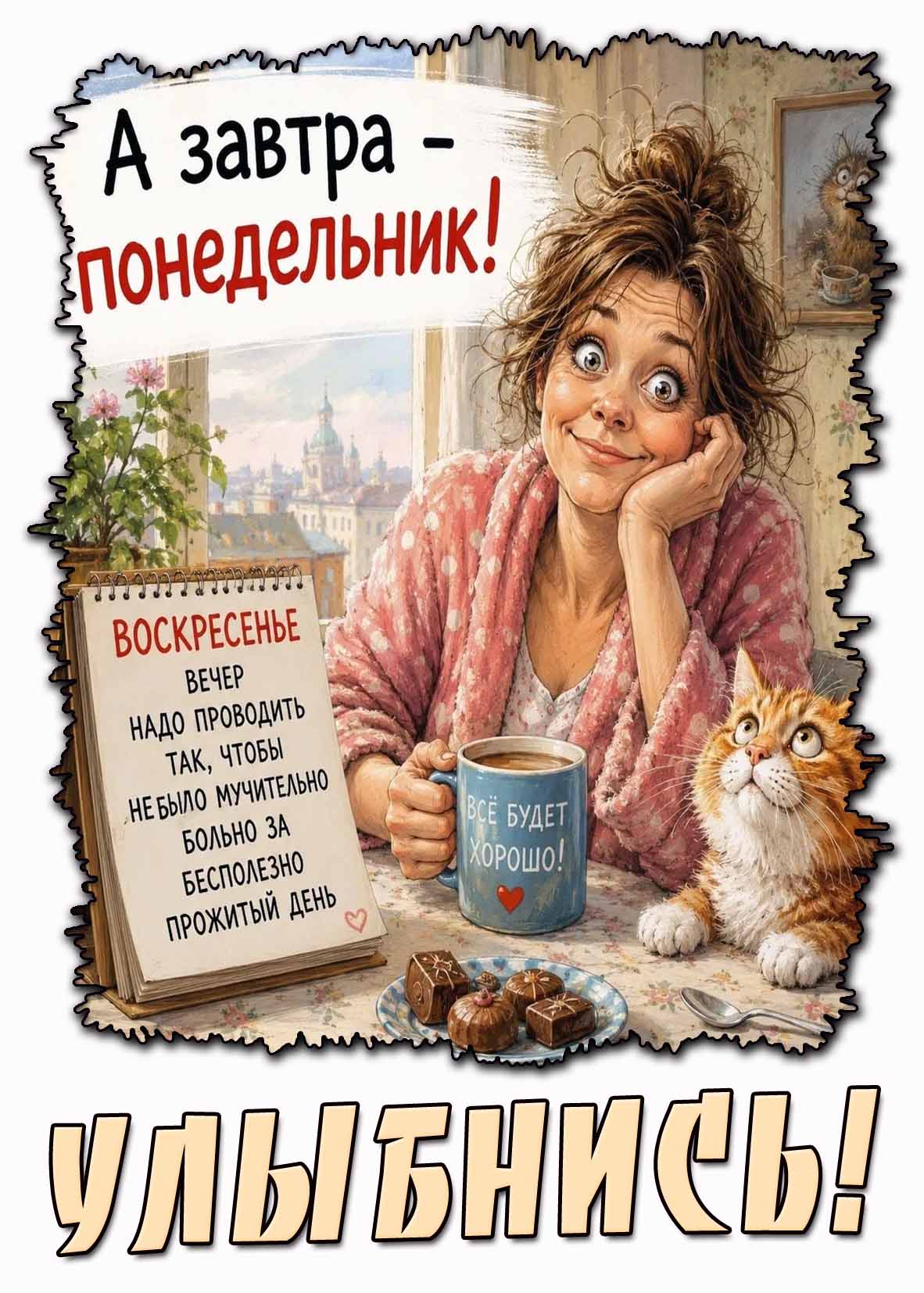 Прикольная картинка "Воскресенье! Вечер надо проводить так, чтобы не было мучительно больно за бесполезно прожитый день! Улыбнись! А завтра - понедельник!"