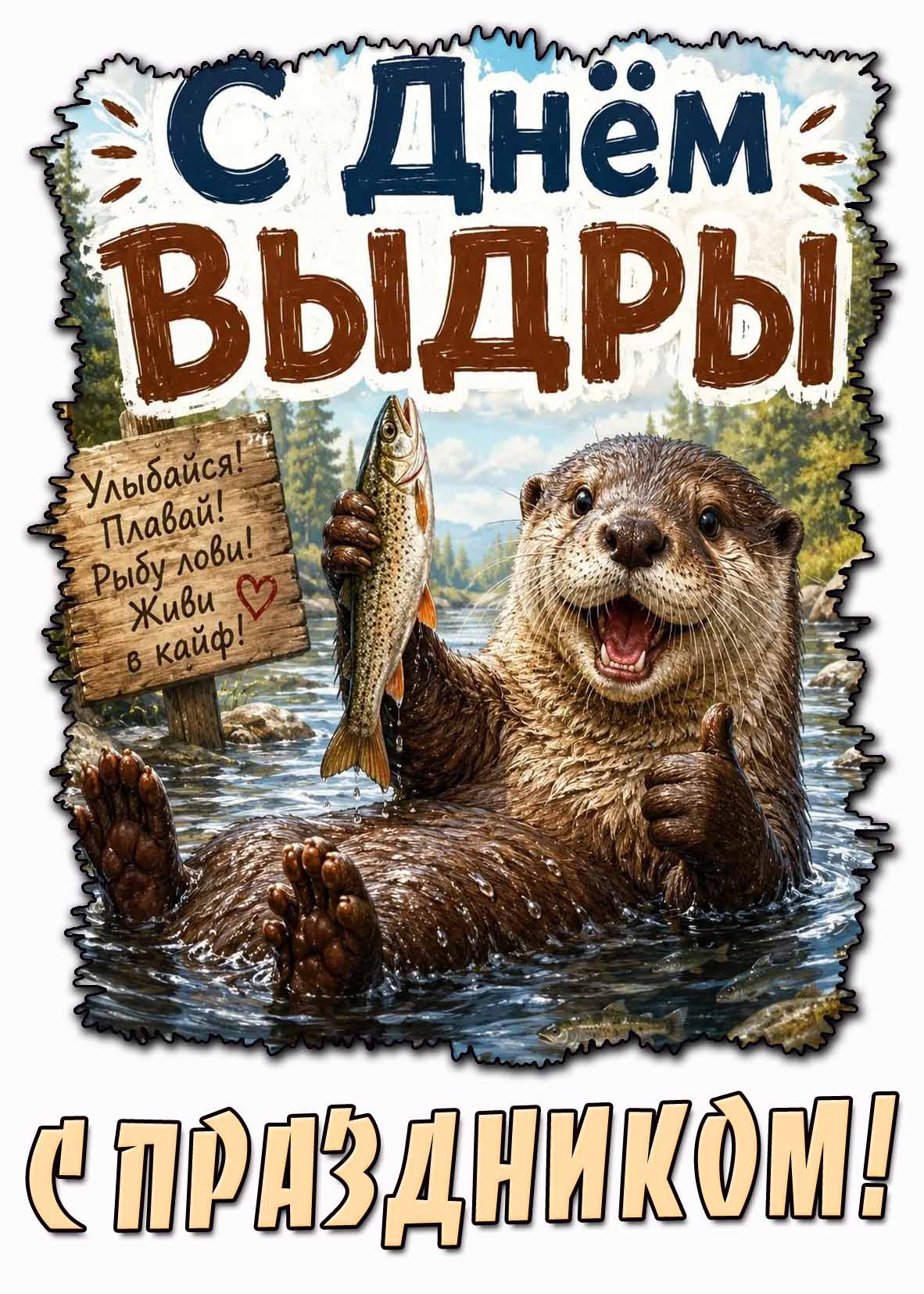 Прикольная открытка "С днём выдры! Улыбайся! Плавай! Рыбу лови! Живи в кайф! С праздником!"