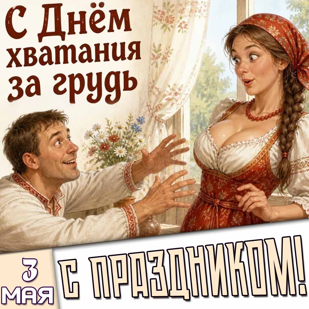 Прикольная открытка "3 мая - с днём хватания за грудь! С праздником!"