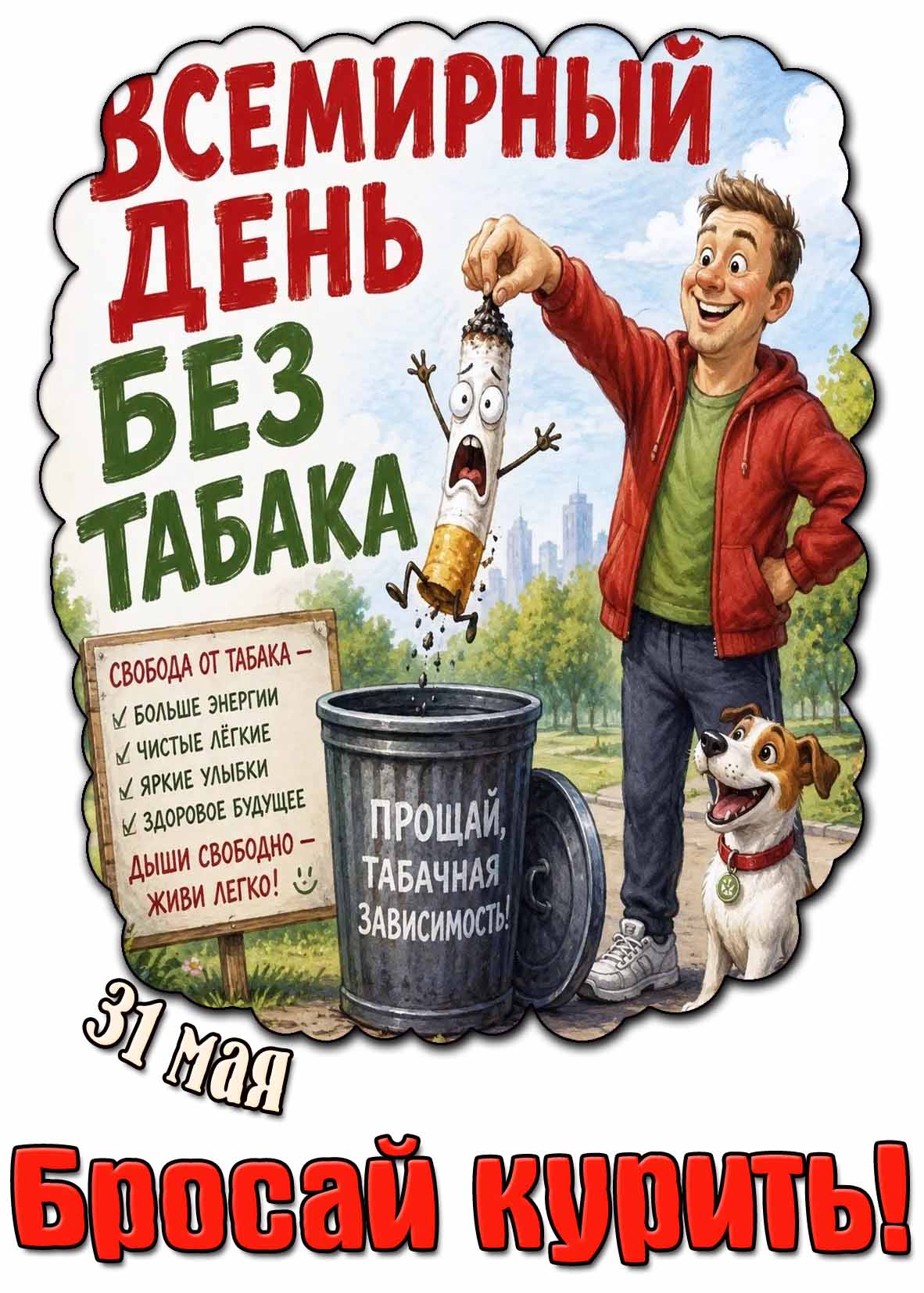 Прикольная открытка "31 мая - Всемирный день без табака! Прощай, табачная зависимость! Бросай курить!"