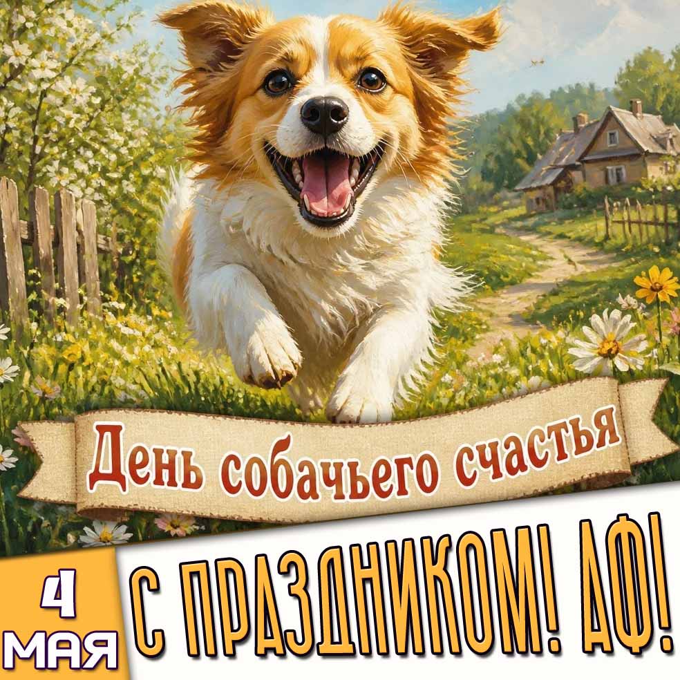 Прикольная открытка "4 мая - день собачьего счастья! С праздником! Аф!"