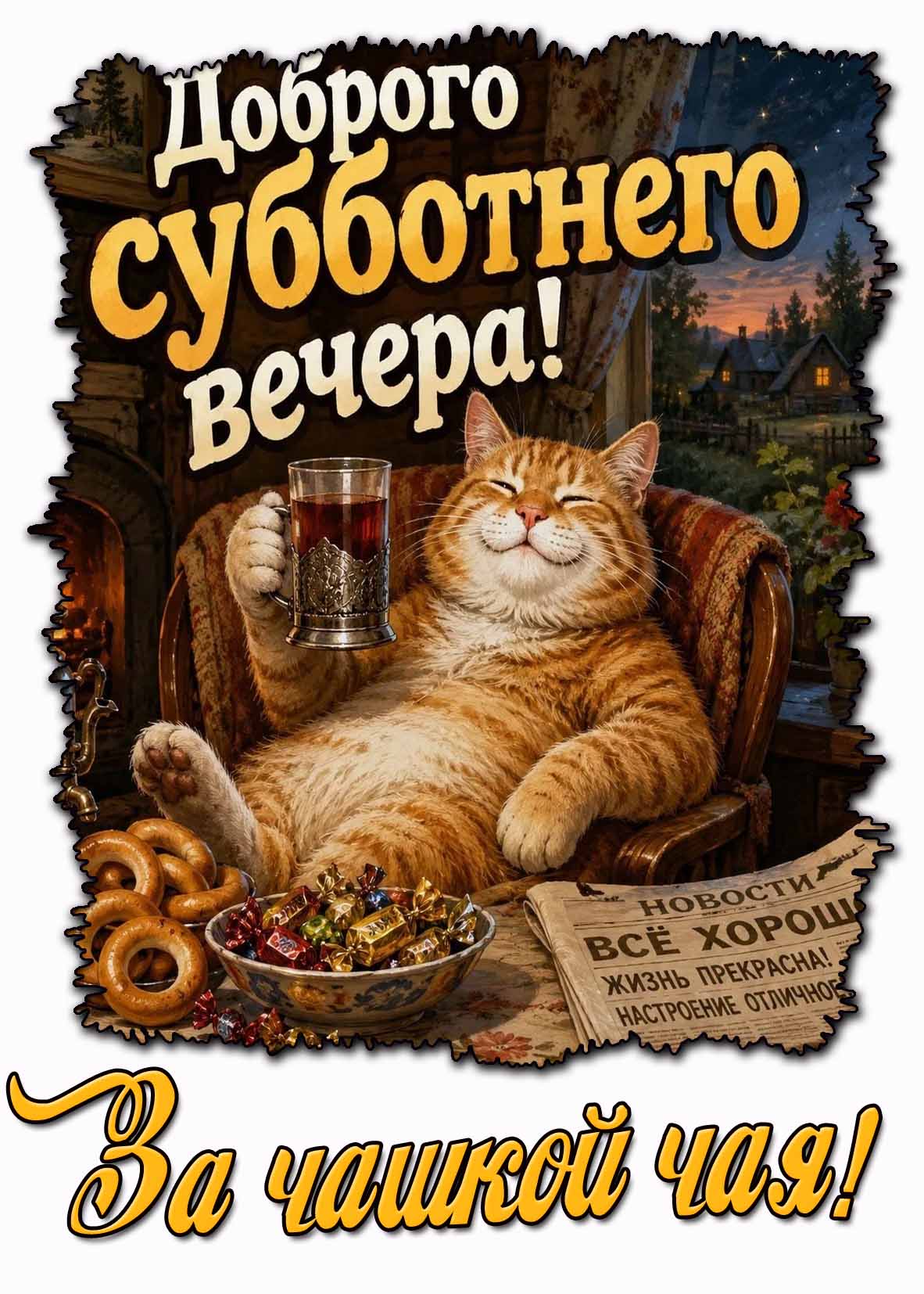 Прикольная открытка "Доброго субботнего вечера! За чашкой чая!"
