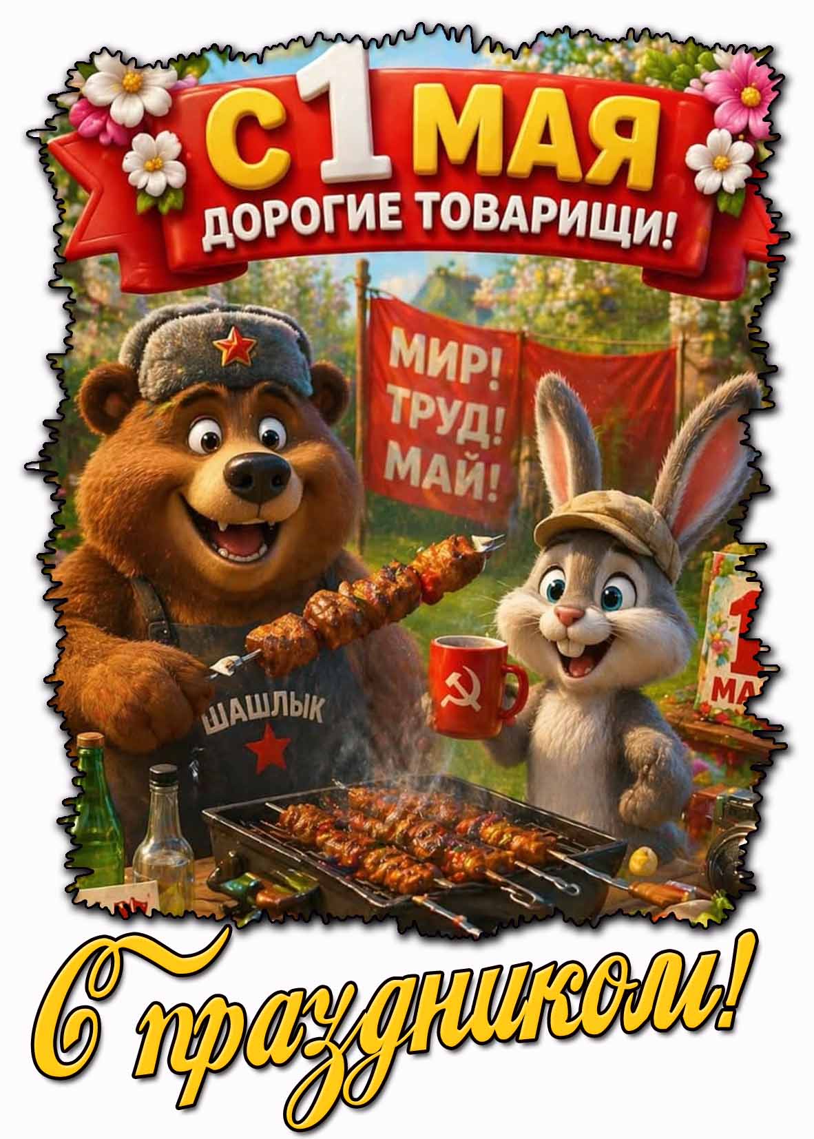 Прикольная открытка "С 1 мая дорогие товарищи! С праздником!"