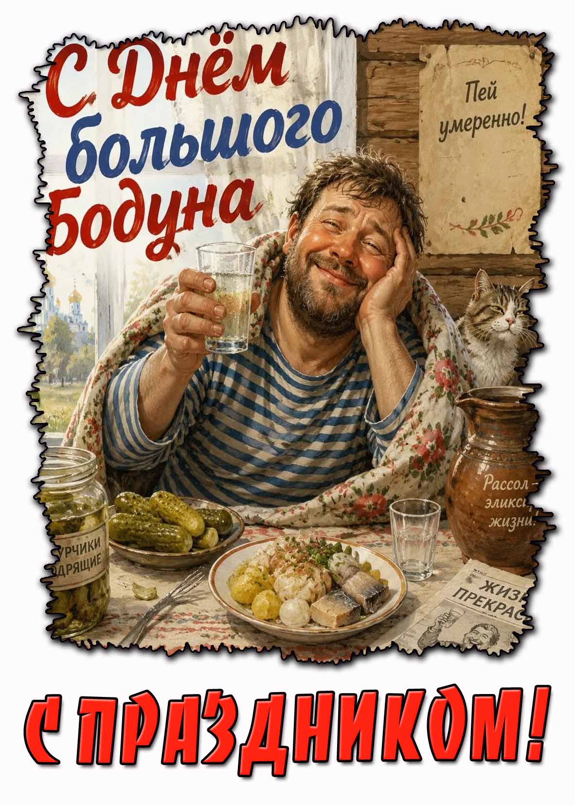 Смешная открытка "С днём большого бодуна! Пей умеренно! С праздником!"