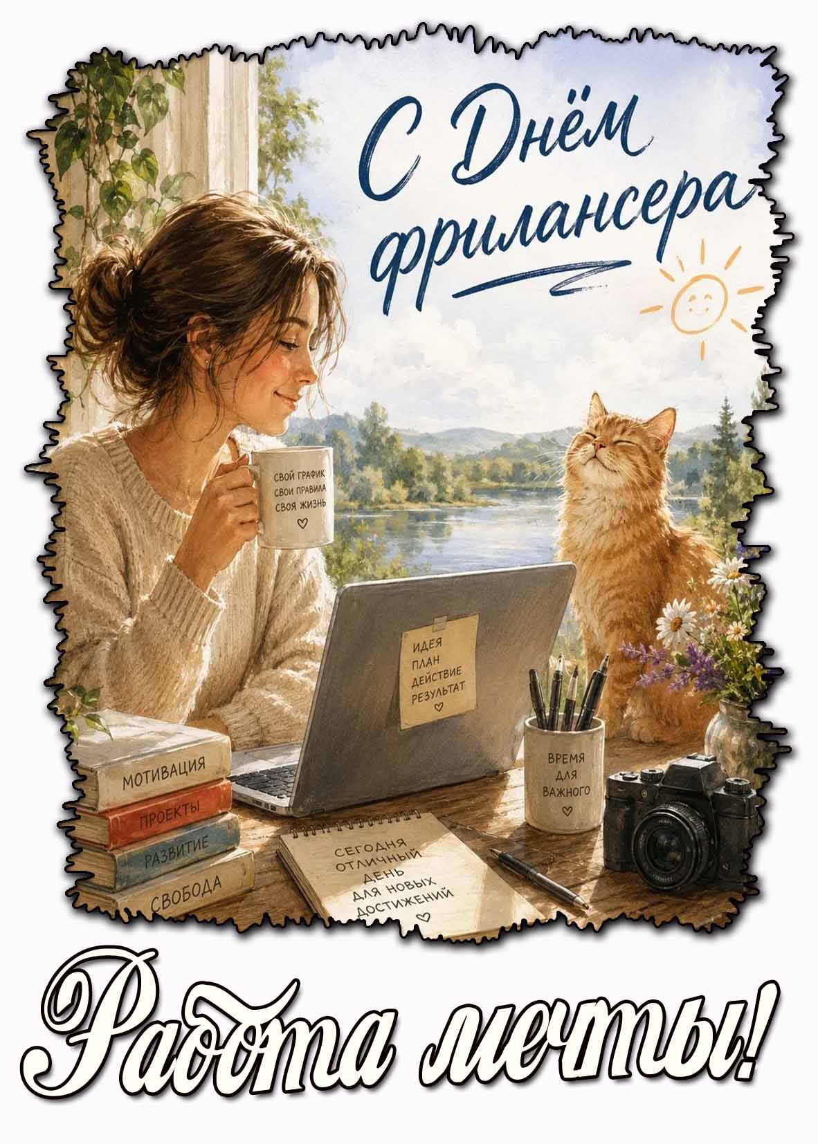 Прикольная открытка "С днём фрилансера! Работа мечты!"