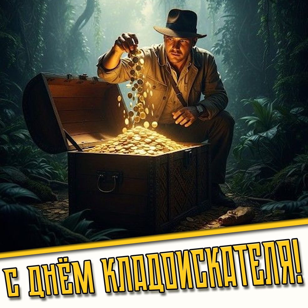 Прикольная открытка с мужчиной с сундуком золотых монет на фоне джунглей, чтобы оригинально поздравить : С днём кладоискателя!