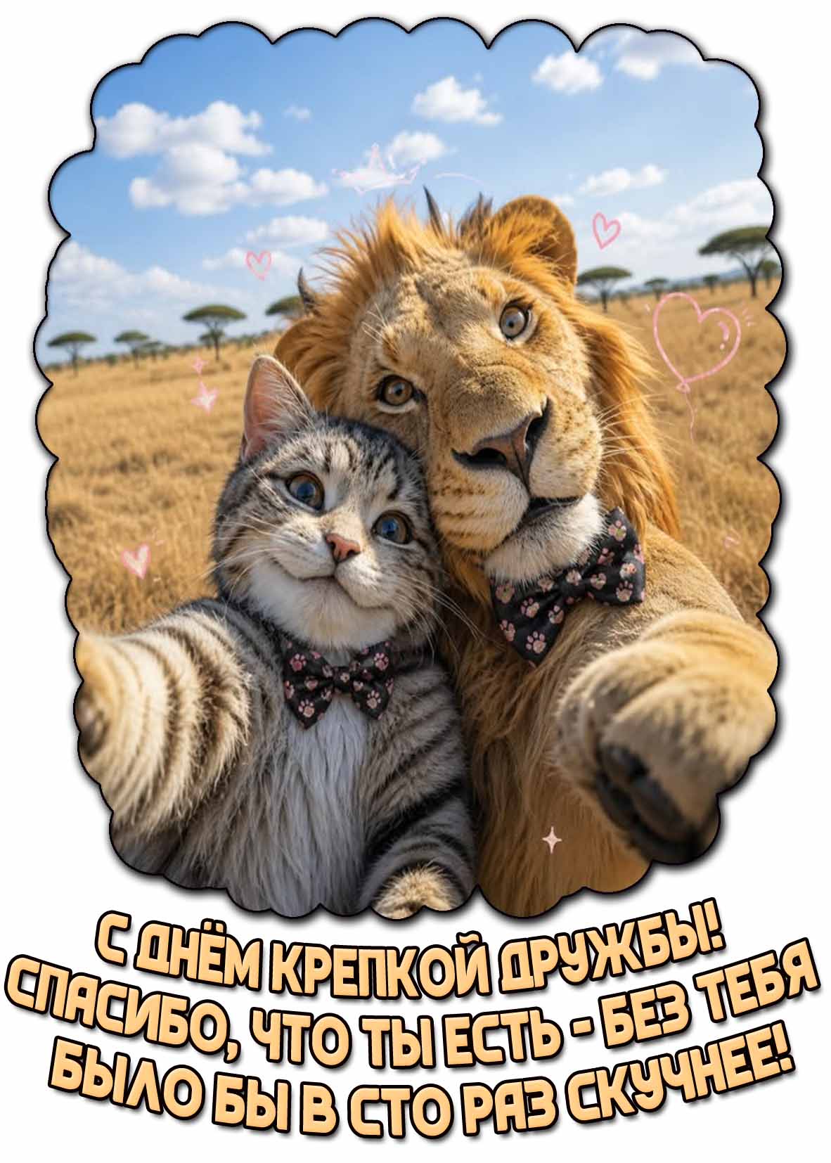Прикольная открытка "С днём крепкой дружбы! Спасибо, что ты есть - без тебя было бы в сто раз скучнее!"
