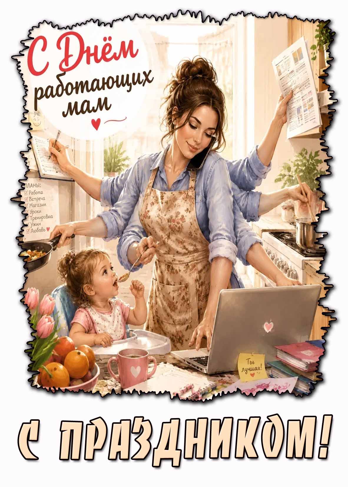 Прикольная открытка "С днём работающих мам! С праздником!"