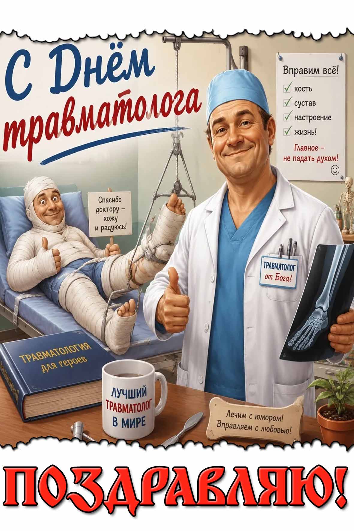Прикольная открытка "С днём травматолога! Спасибо доктору - хожу и радуюсь! Поздравляю!"