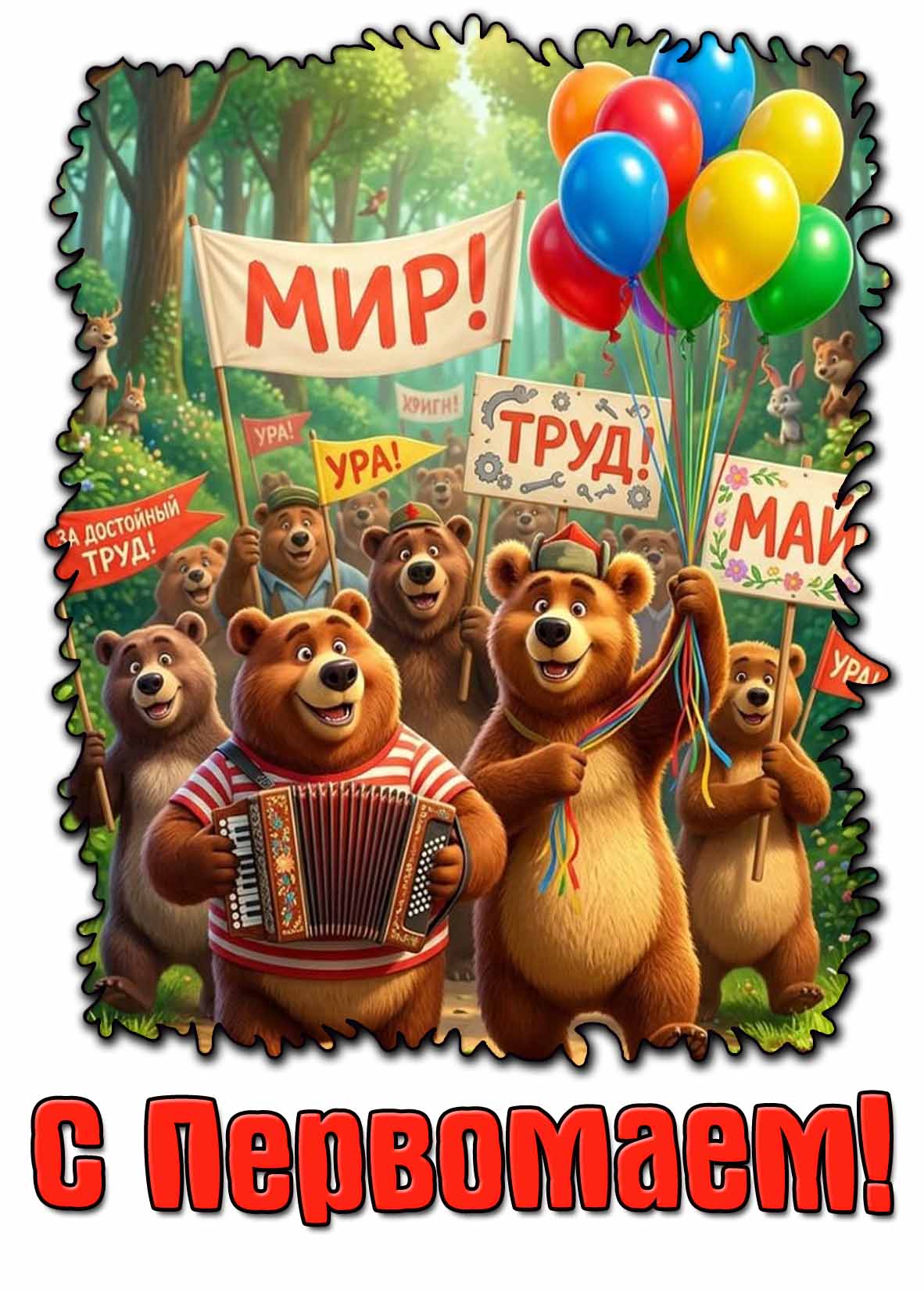 Прикольная открытка "С Первомаем! Мир! Труд! Май!"