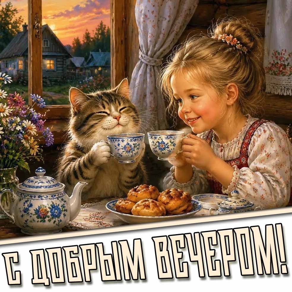 С добрым вечером! - открытка с девочкой и котом