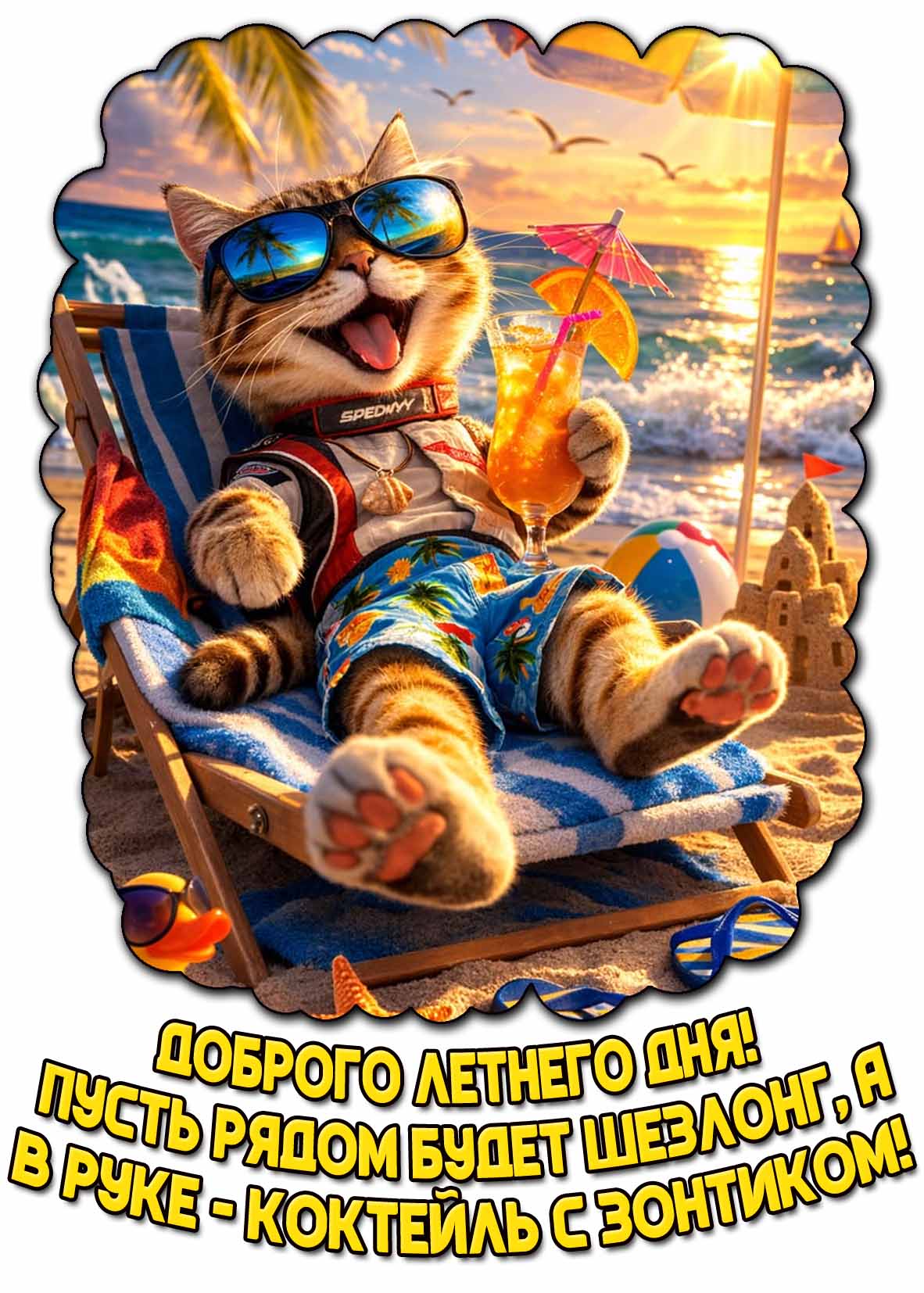 Открытка "Доброго летнего дня! Пусть рядом будет шезлонг, а в руке - коктейль с зонтиком!"