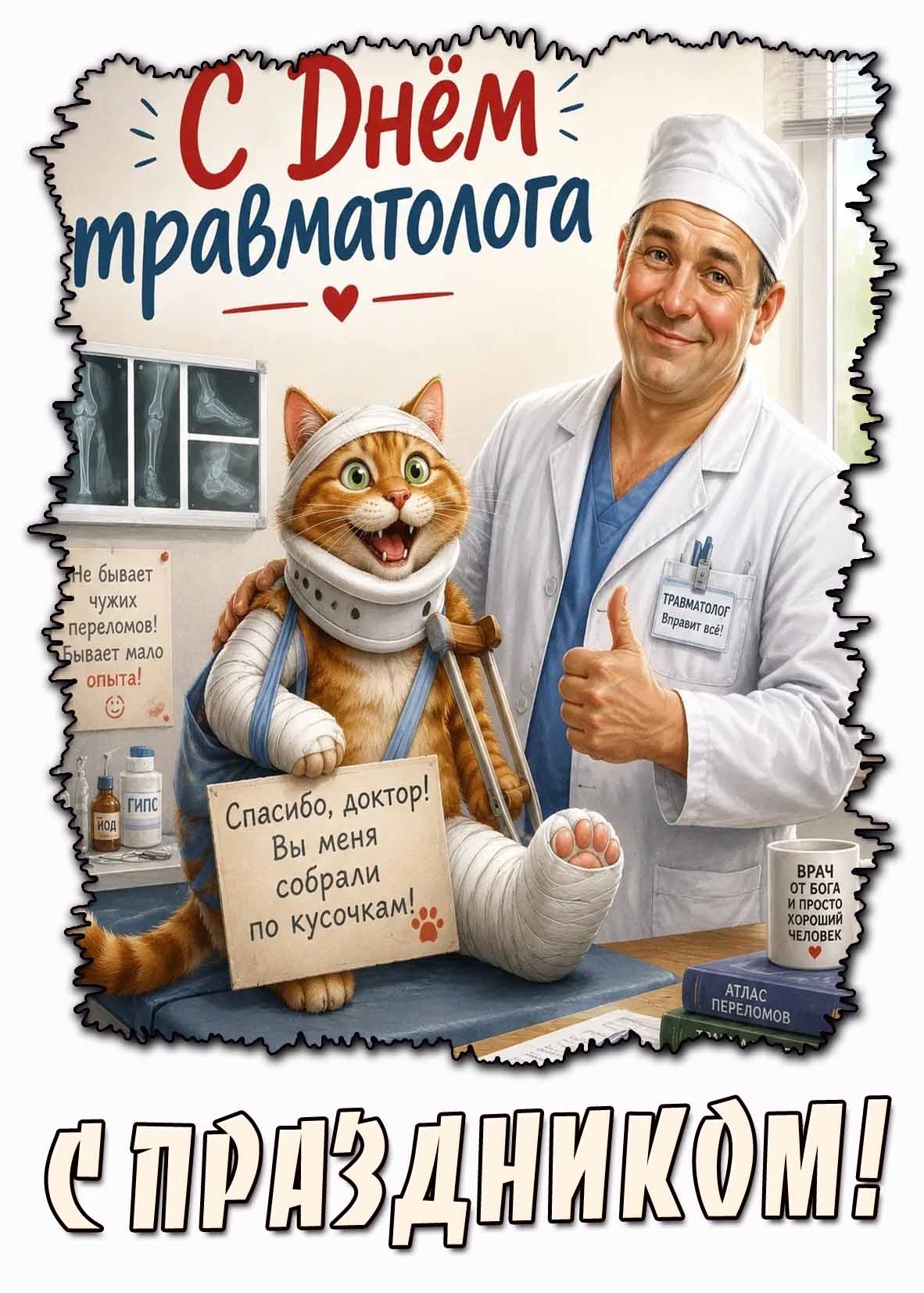 Смешная картинка "С днём травматолога! Спасибо, доктор! Вы меня собрали по кусочкам! С праздником!"