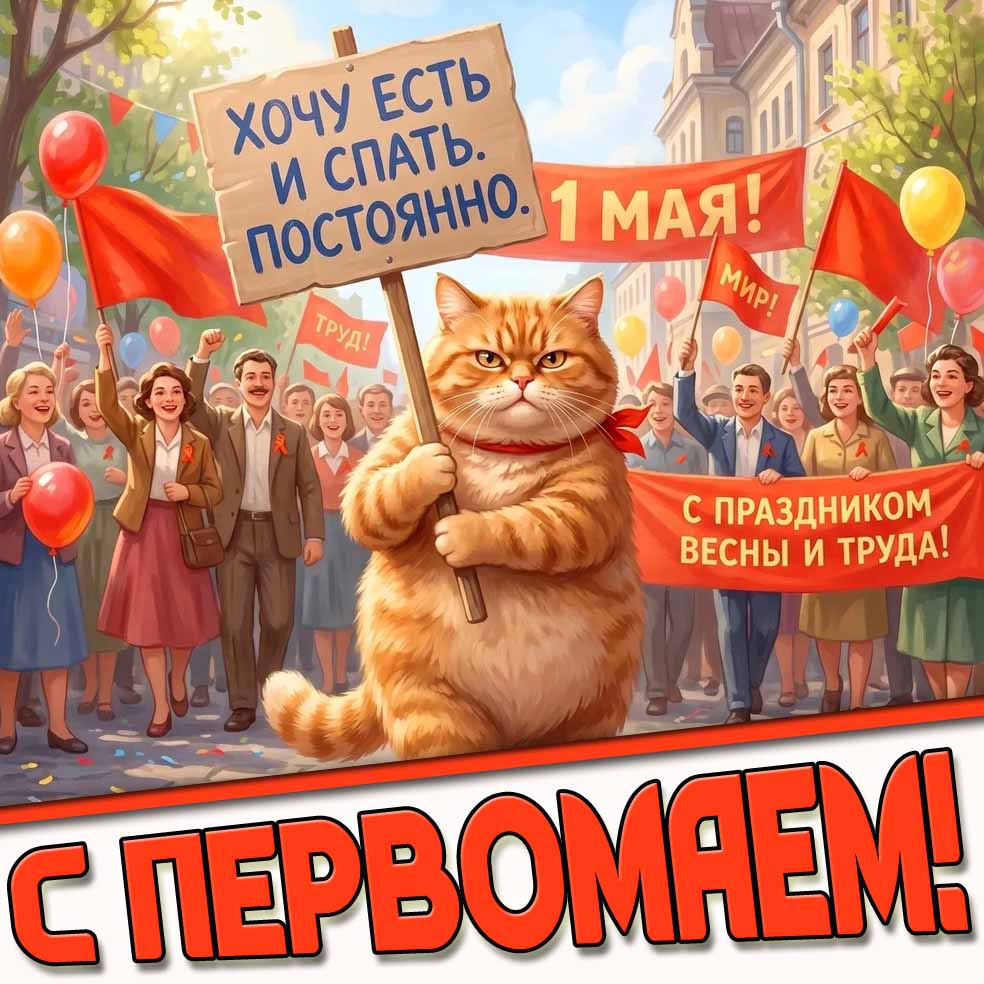 Смешная картинка "С Первомаем! Хочу есть и спать постоянно!"
