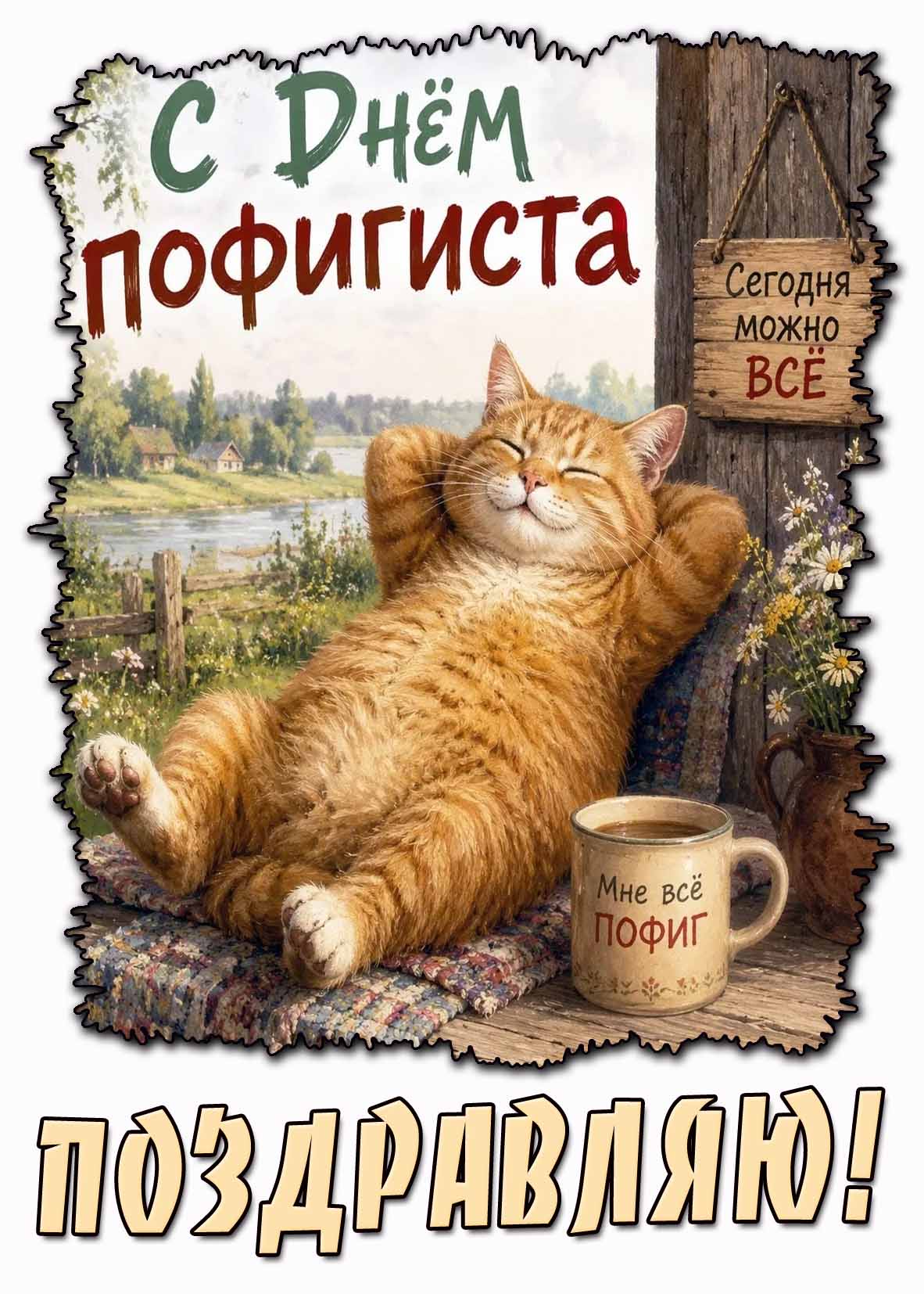 Смешная открытка "С днём пофигиста! Сегодня можно всё! Мне всё пофиг! Поздравляю!"