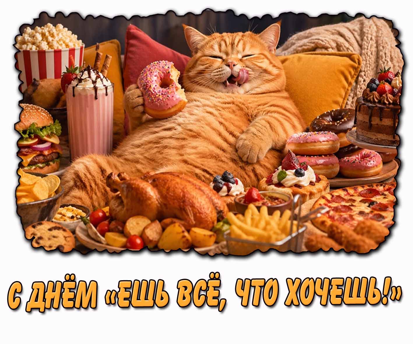 Смешная открытка с днём «Ешь всё, что хочешь!»