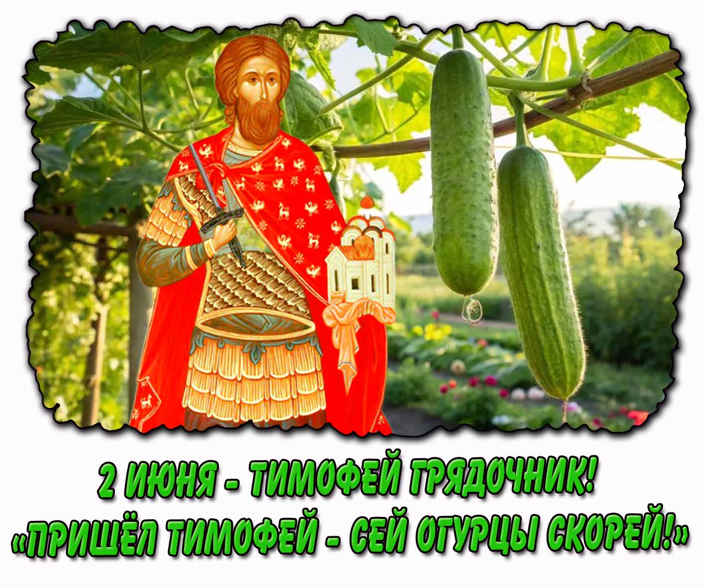 Открытка "2 июня - Тимофей Грядочник! Пришёл Тимофей - сей огурцы скорей!"