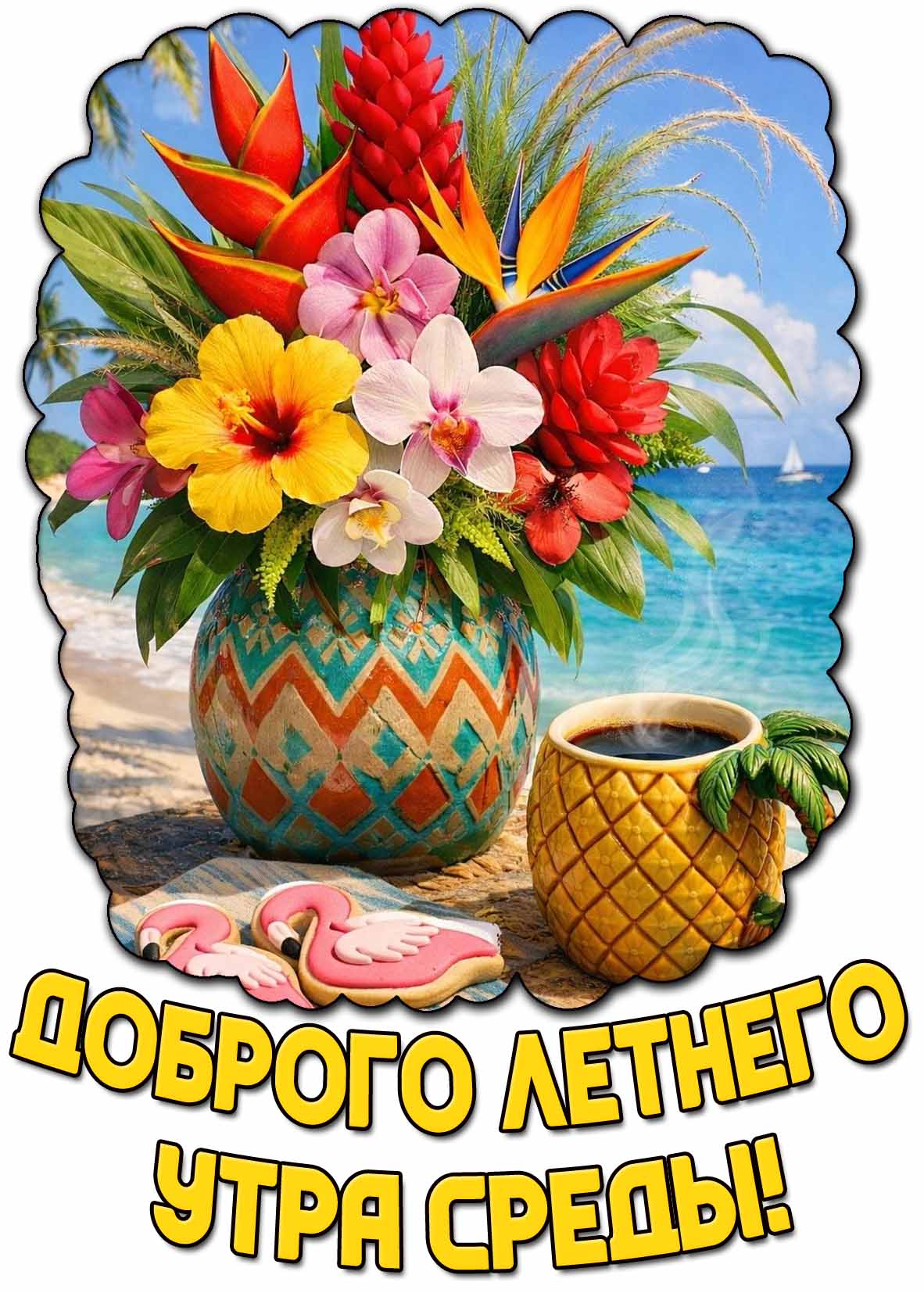 Доброго летнего утра среды! - картинка с цветами и кофе