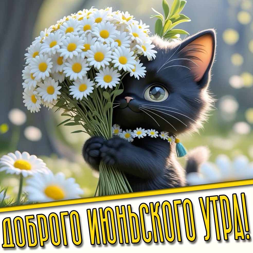 Доброго июньского утра! - открытка с кошкой с ромашками