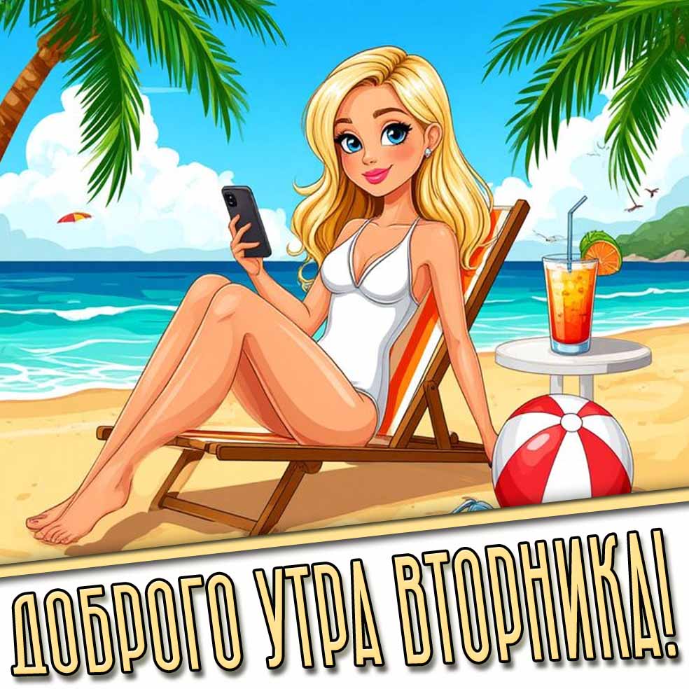 Доброго утра вторника! - летняя открытка с девушкой на пляже